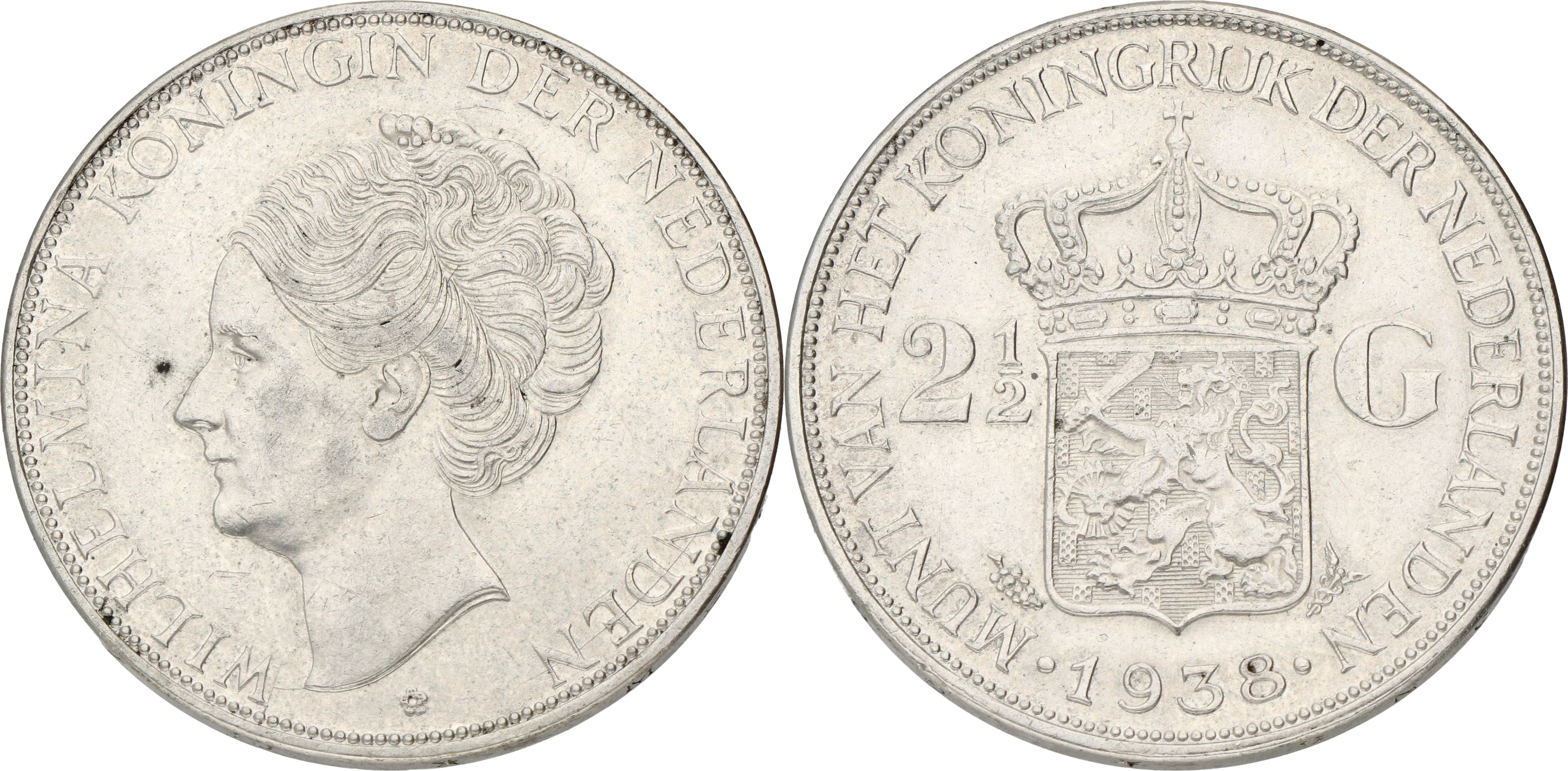 2½ Gulden. Wilhelmina. 1938. Wide hairlines. VF / XF