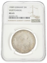 German states. Württemberg. Wilhelm II. 3 Mark. 1908 F. MS 65.