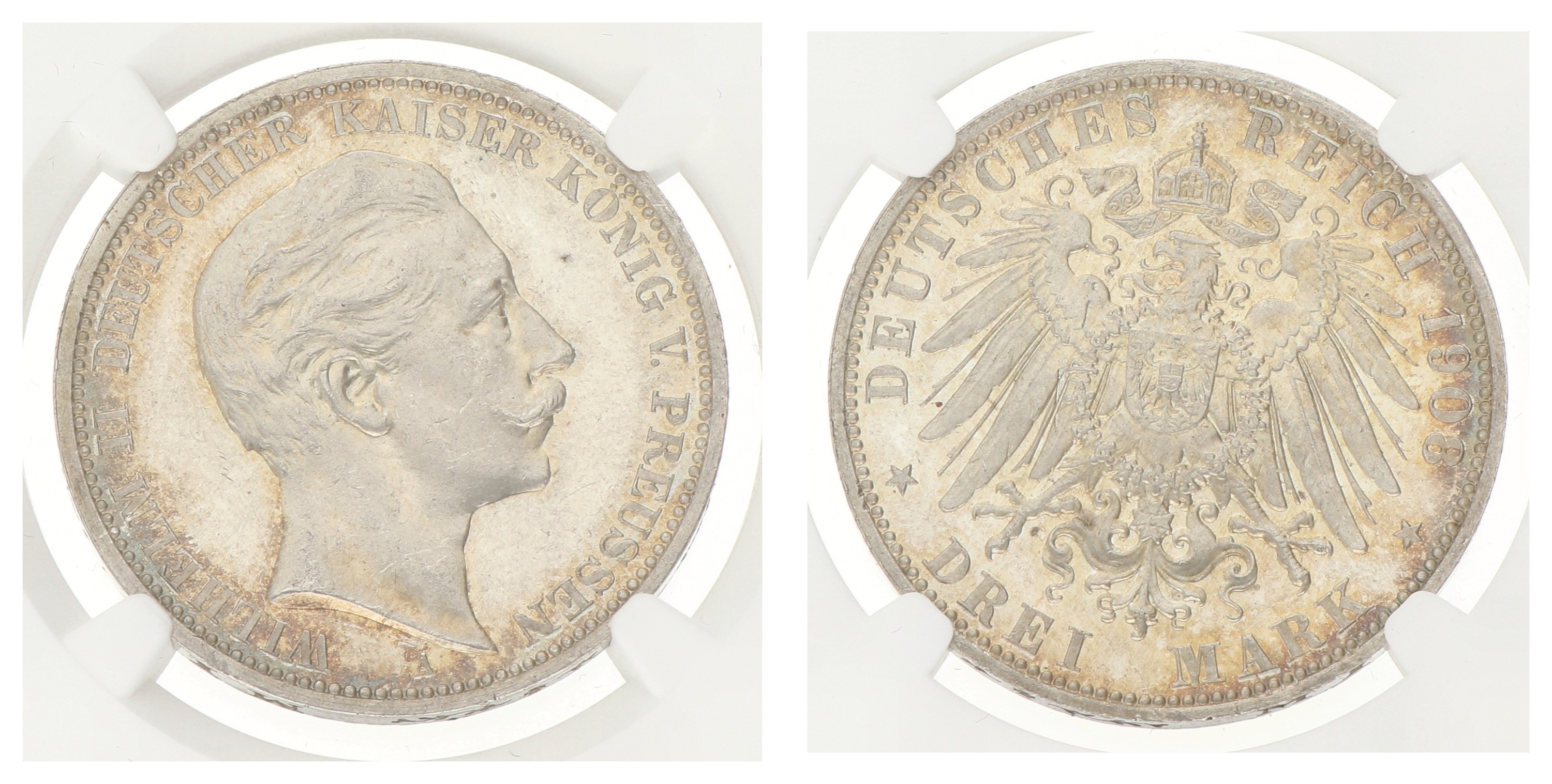 Goudwisselkantoor auction: German states. Prussia. Wilhelm II. 3 Mark. 1908 A. PF 63 CAMEO.