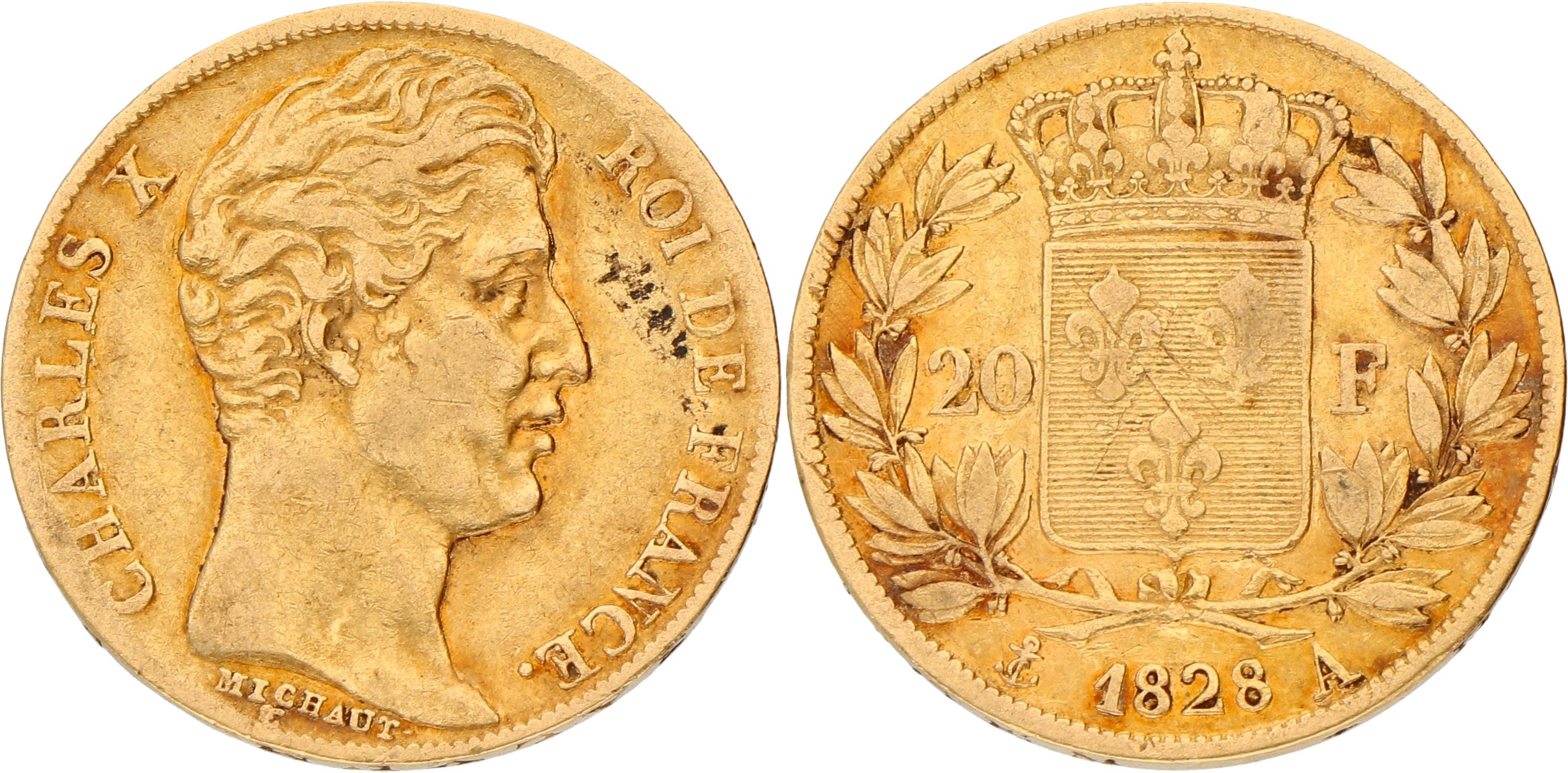 France. Second kingdom. Charles X. 20 Francs. 1828. VF.