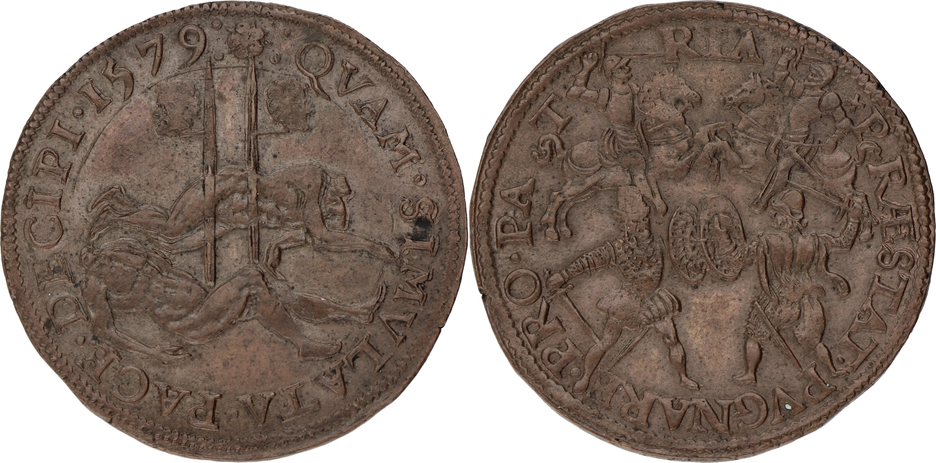 Noordelijke Nederlanden. Dordrecht. 1579. Afwijzing van de vrede en herinnering aan onthoofding van Egmont en Hoorne. XF.