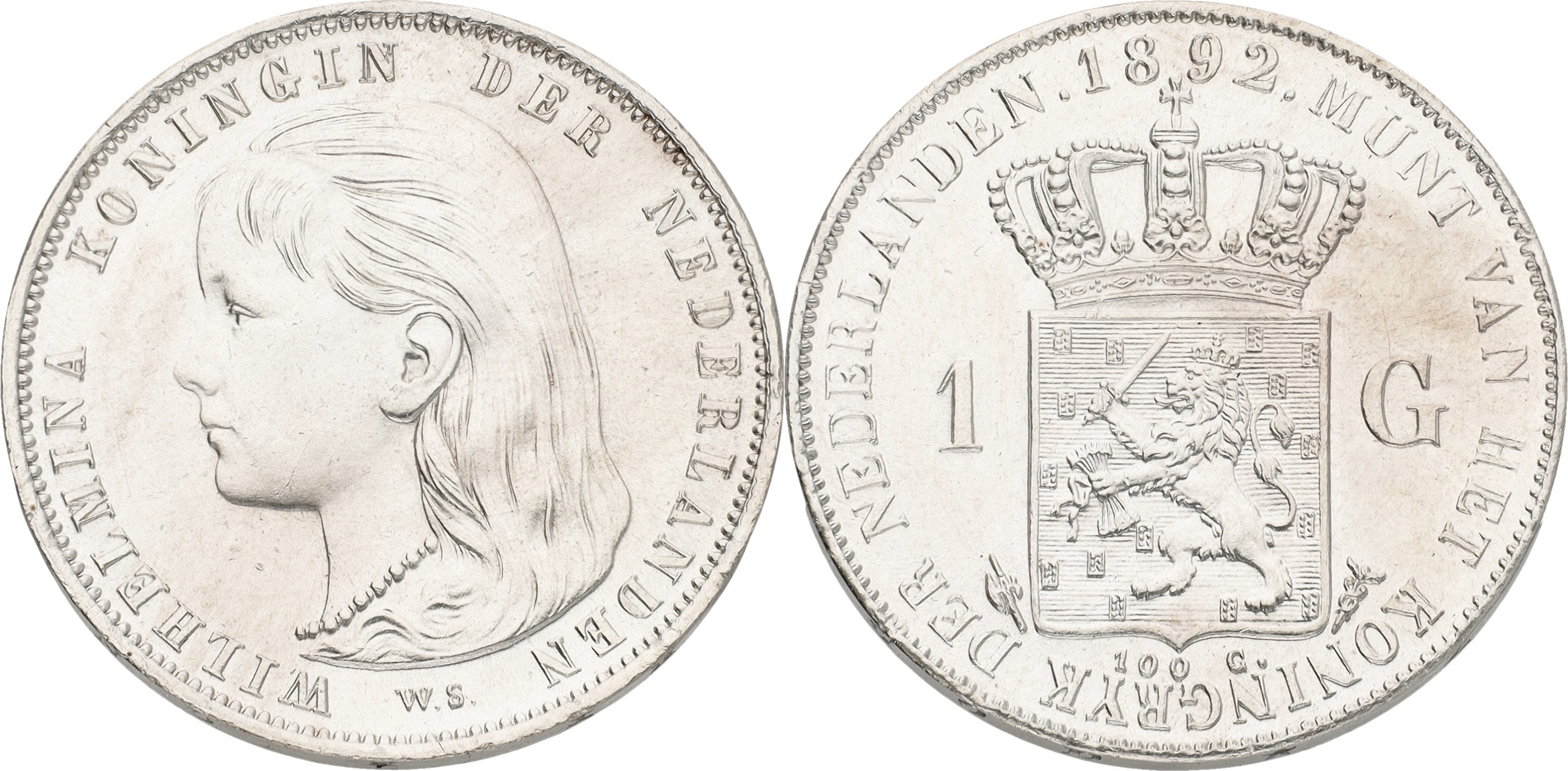 1 Gulden. Wilhelmina. 1892. AUnc