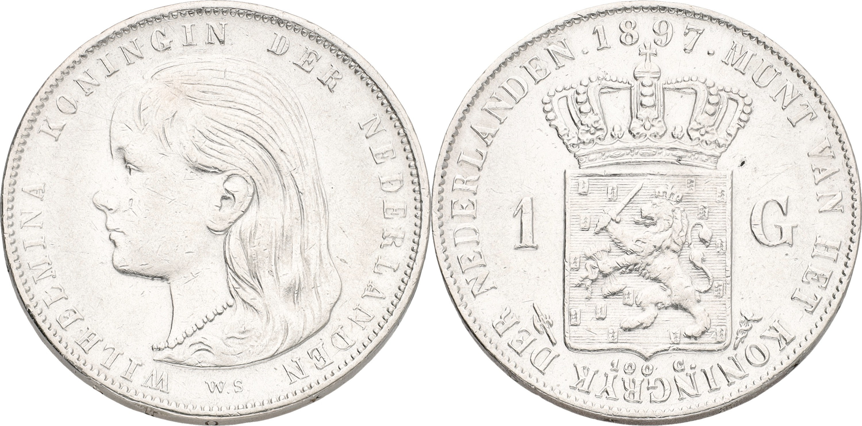 1 Gulden. Wilhlemina. 1897. XF