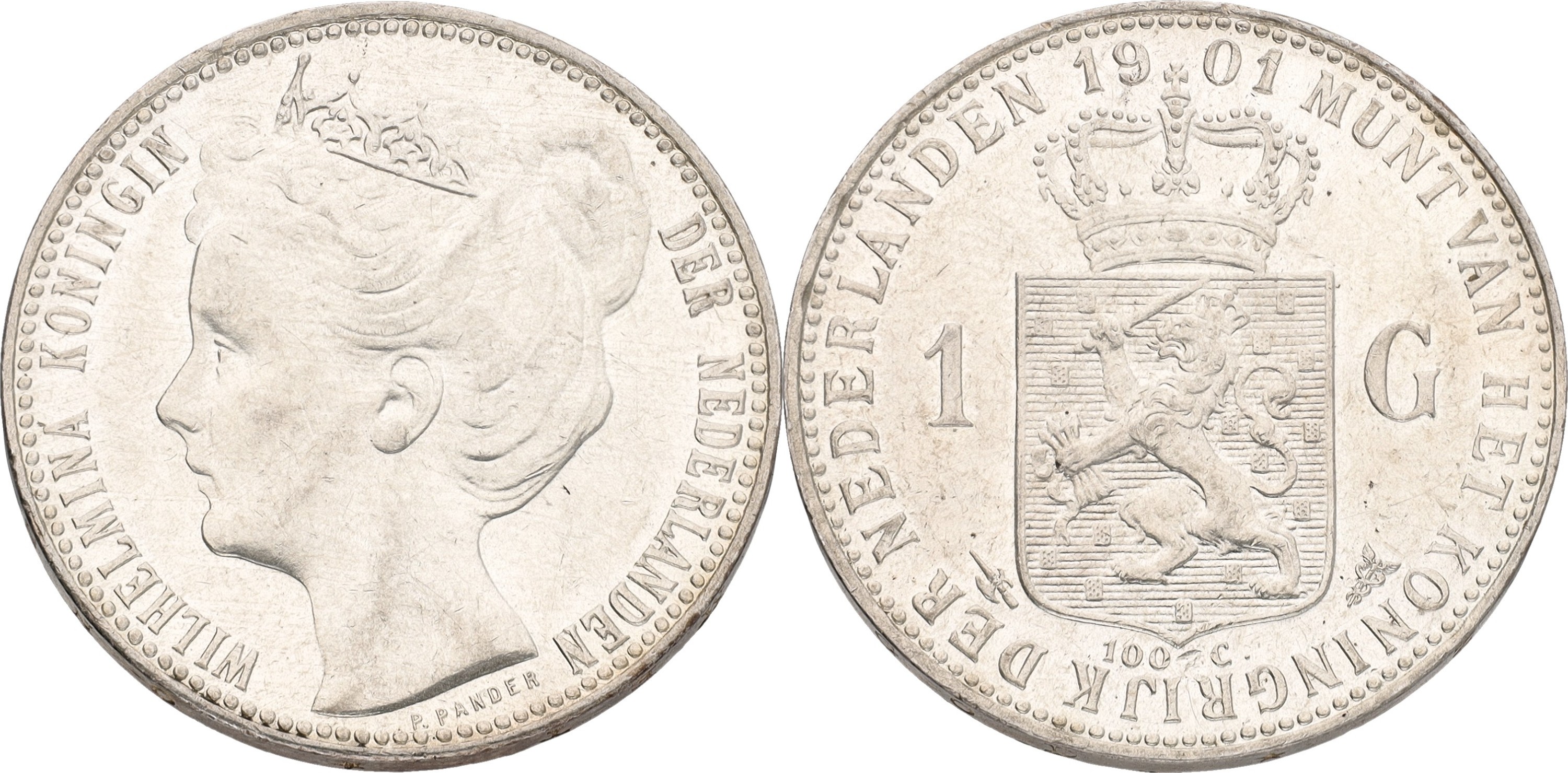 1 Gulden. Wilhelmina. 1901. AUnc.