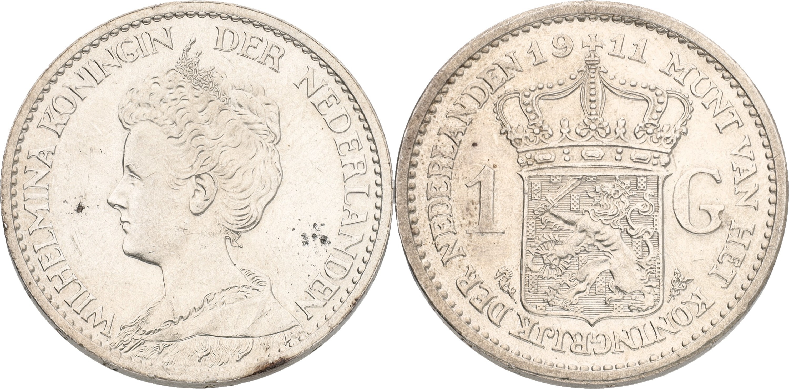 1 Gulden. Wilhelmina. 1911. AUnc.
