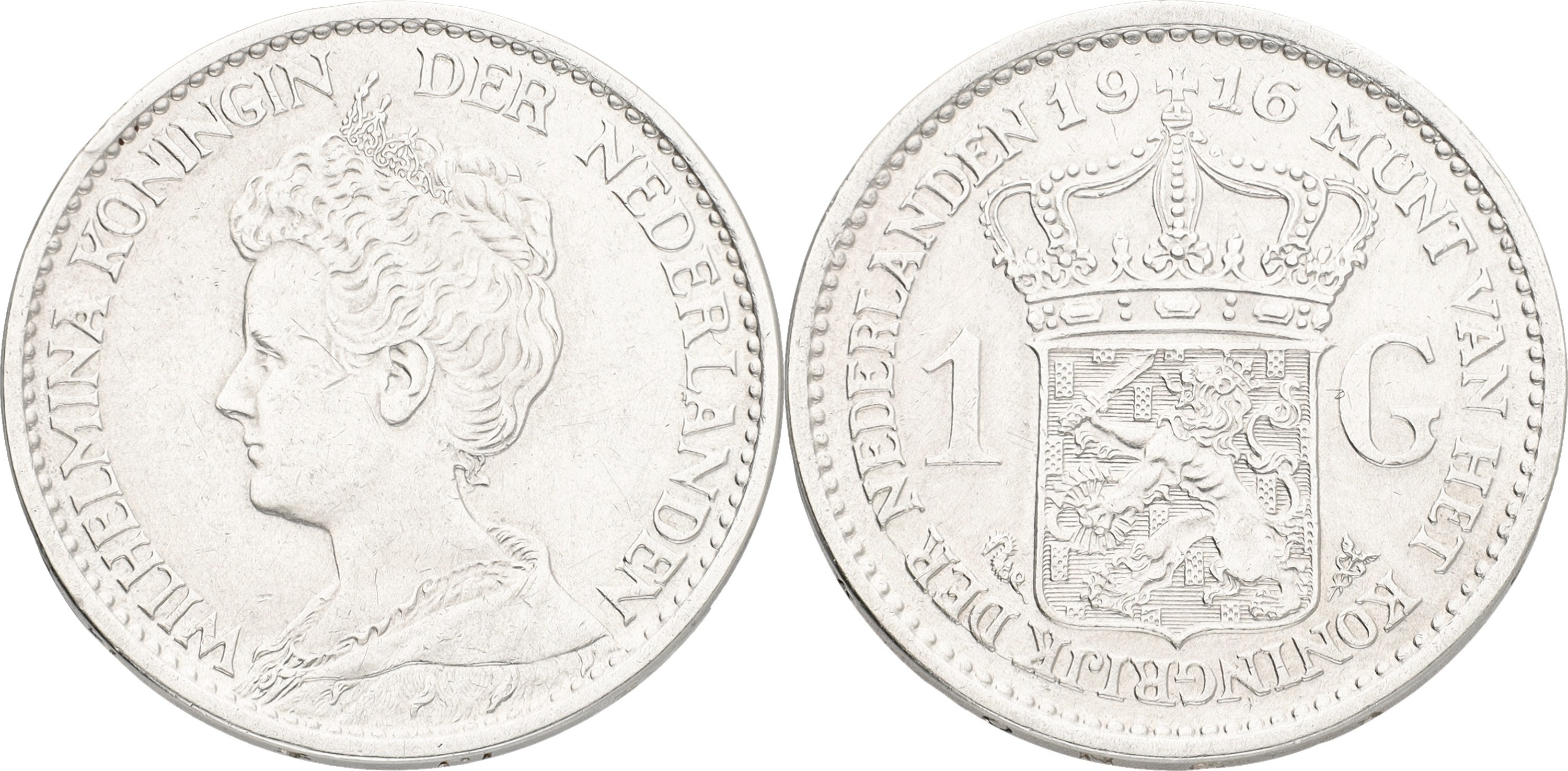 1 Gulden. Wilhelmina. 1916. XF