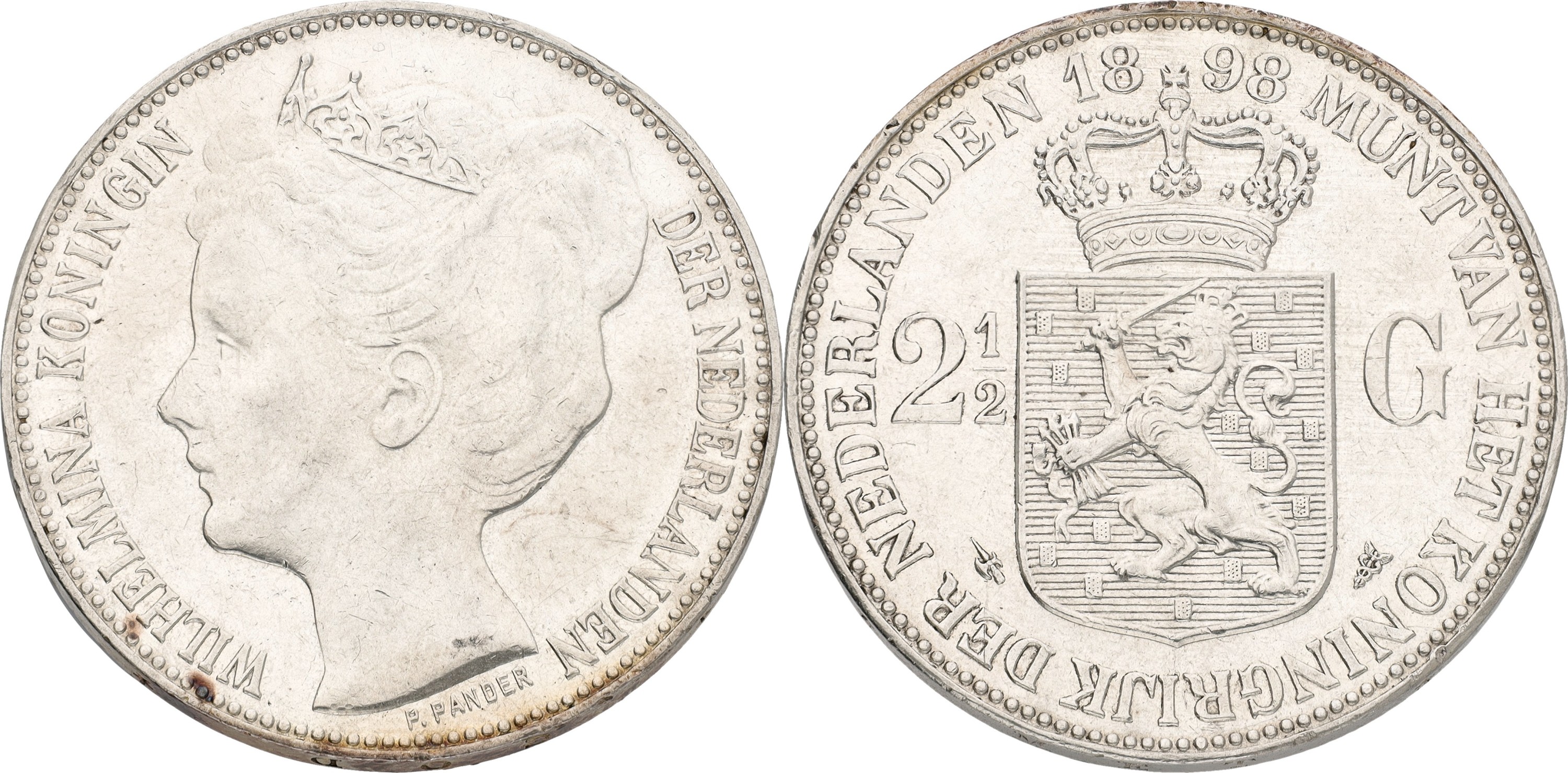 2½ Gulden. Wilhelmina. With dot between P & Pander. 1898. VF / XF