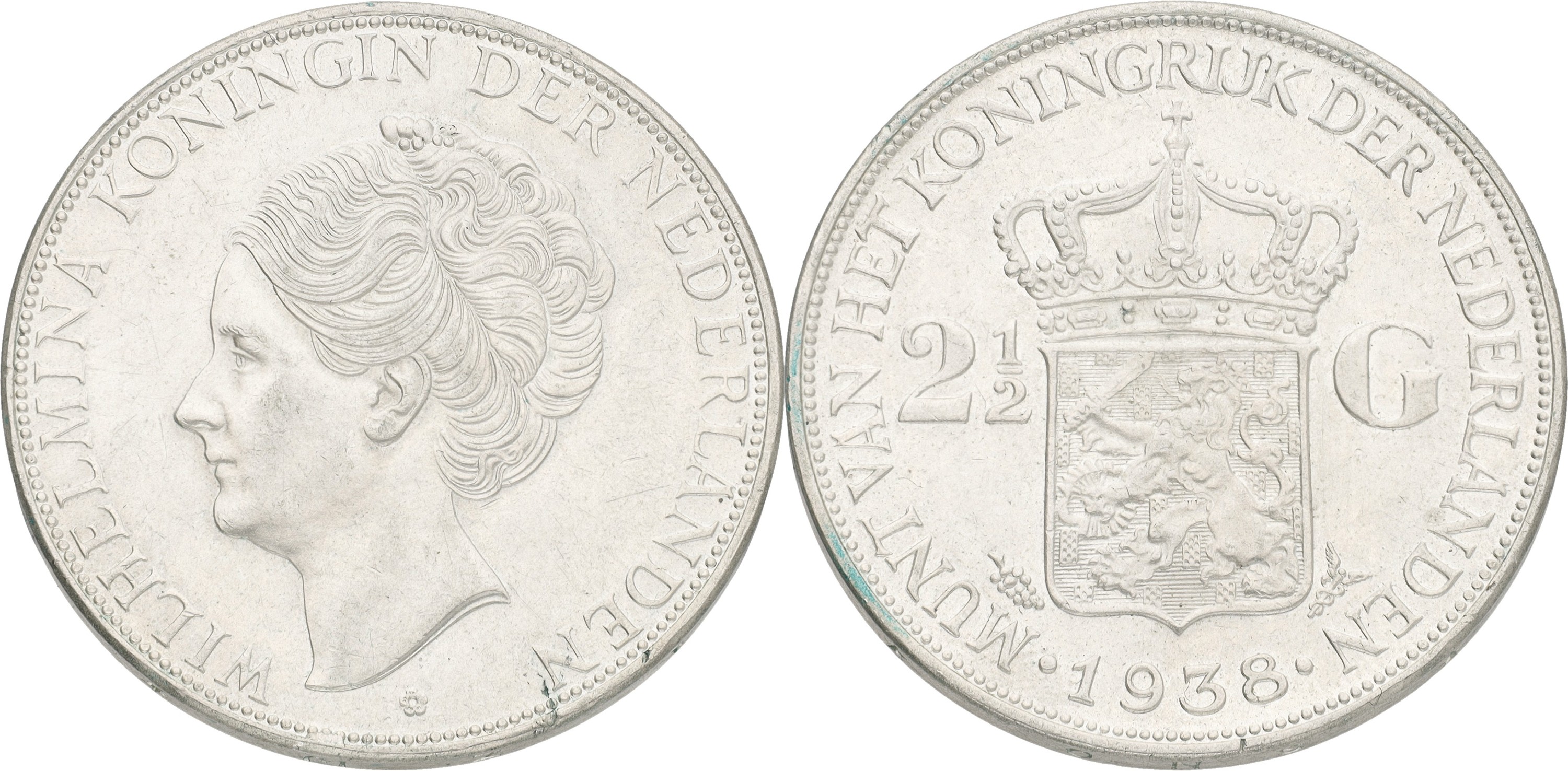 2½ Gulden. Wilhelmina. 1938 - Wide hairlines. AUnc