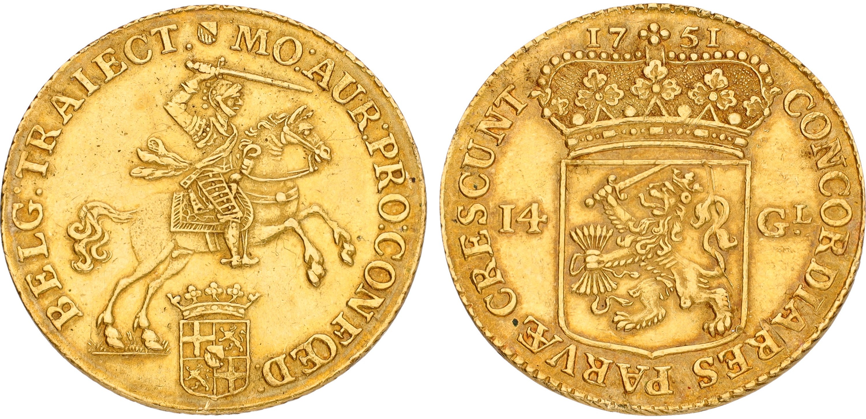 Gouden rijder van 14 gulden. Utrecht. 1751. VF +