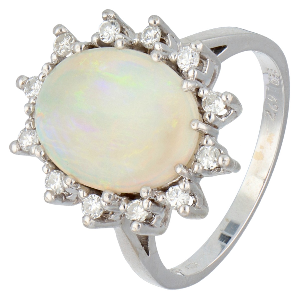 14K witgouden entourage ring bezet met opaal en diamanten