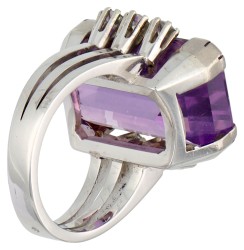 14K witgouden ring bezet met amethist en diamant 