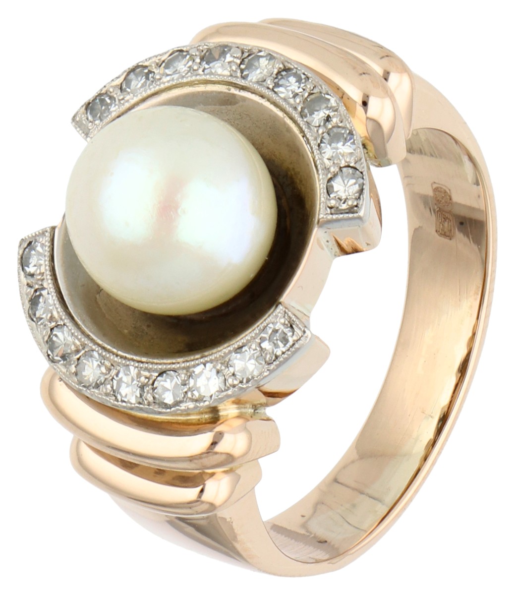 14K geelgouden ring bezet met parel en diamant