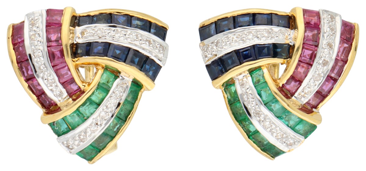 18K geelgouden oorbellen bezet met ca. 0.18 ct. diamant, saffier, smaragd en robijn