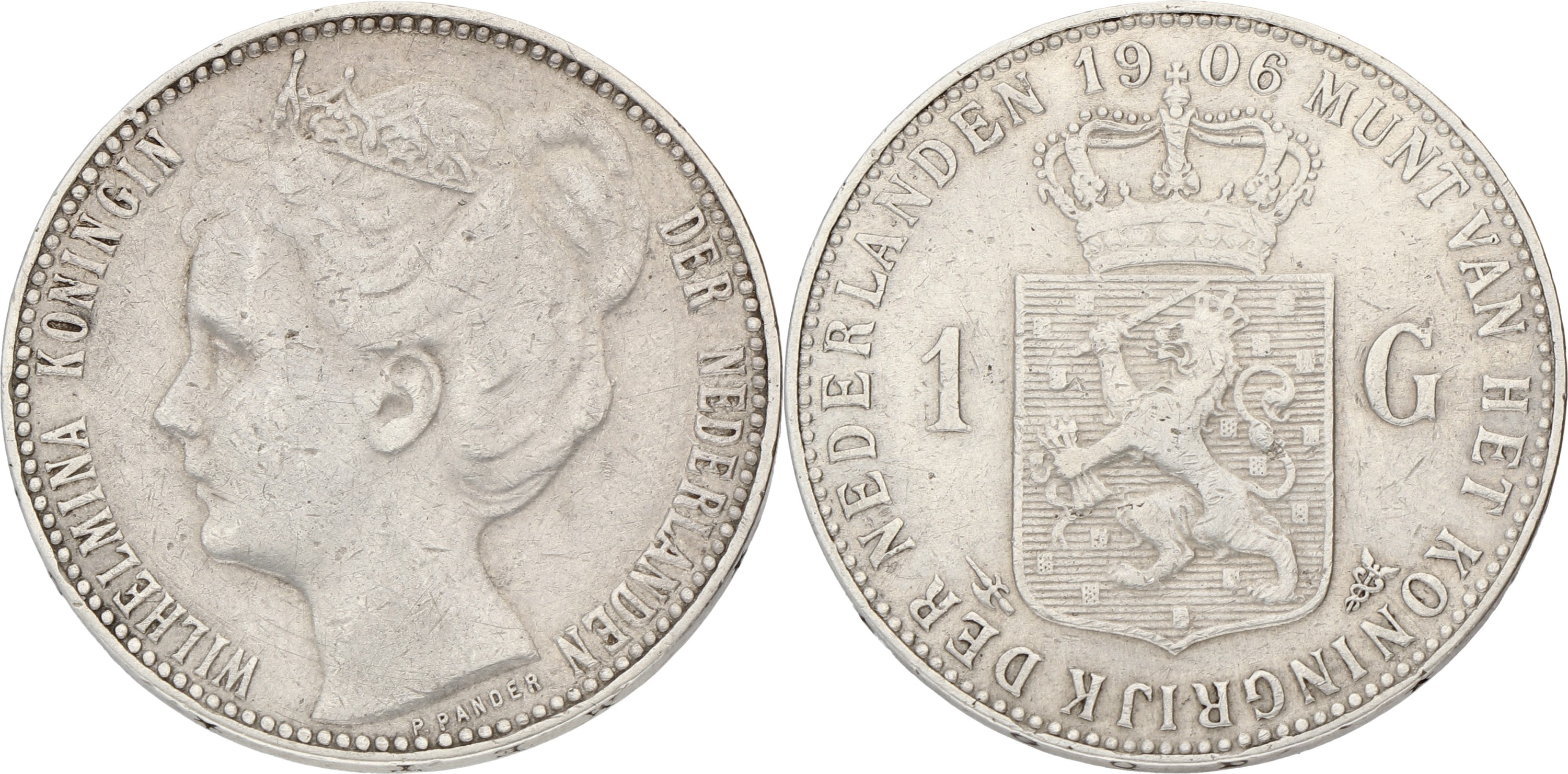 1 Gulden. Wilhelmina. 1906. VF.