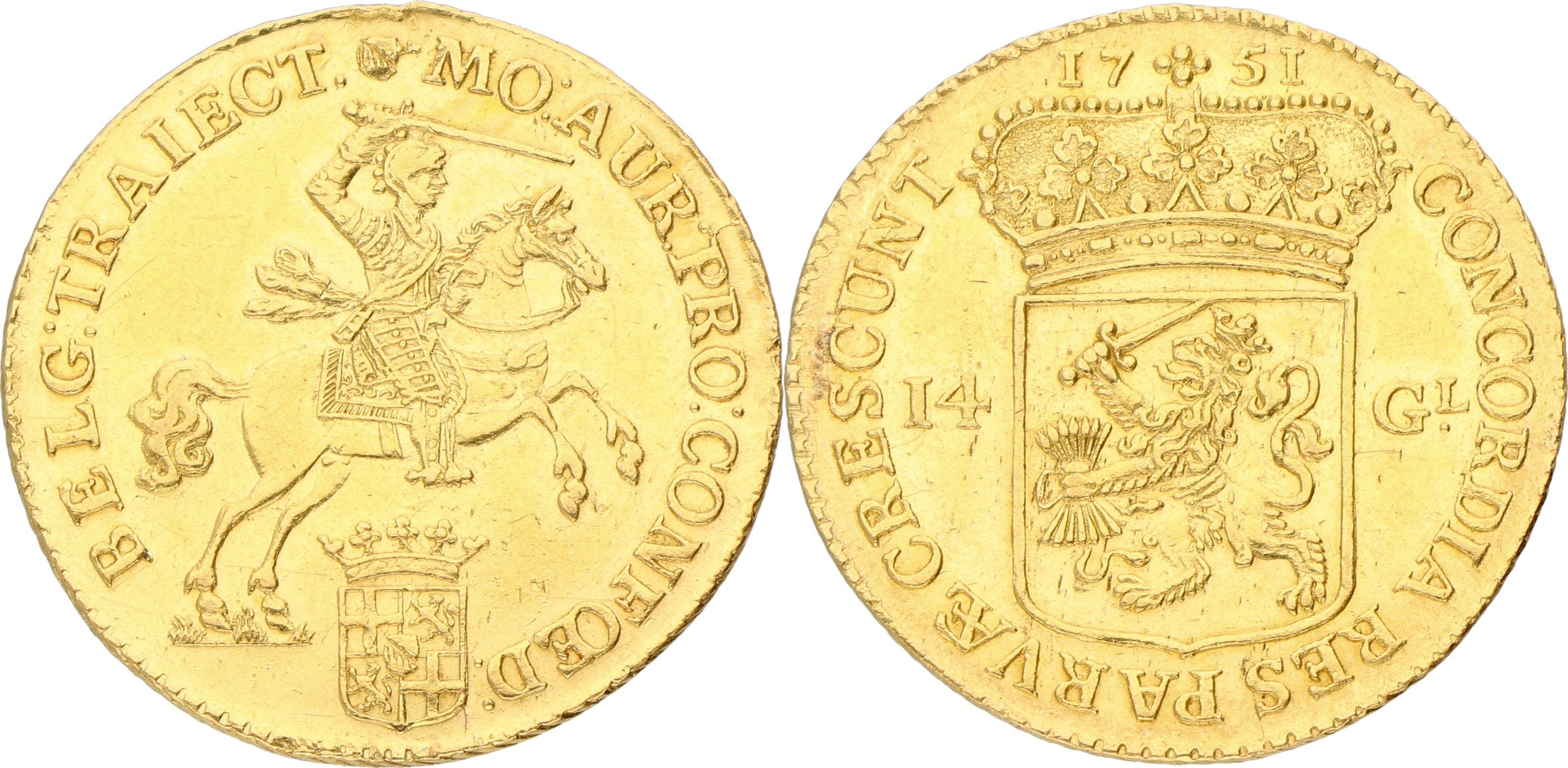 Gouden rijder van 14 gulden. Utrecht. 1751. XF