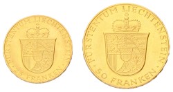 Liechtenstein. Franz Joseph II. Set of 25 & 50 Franken. 1956. UNC