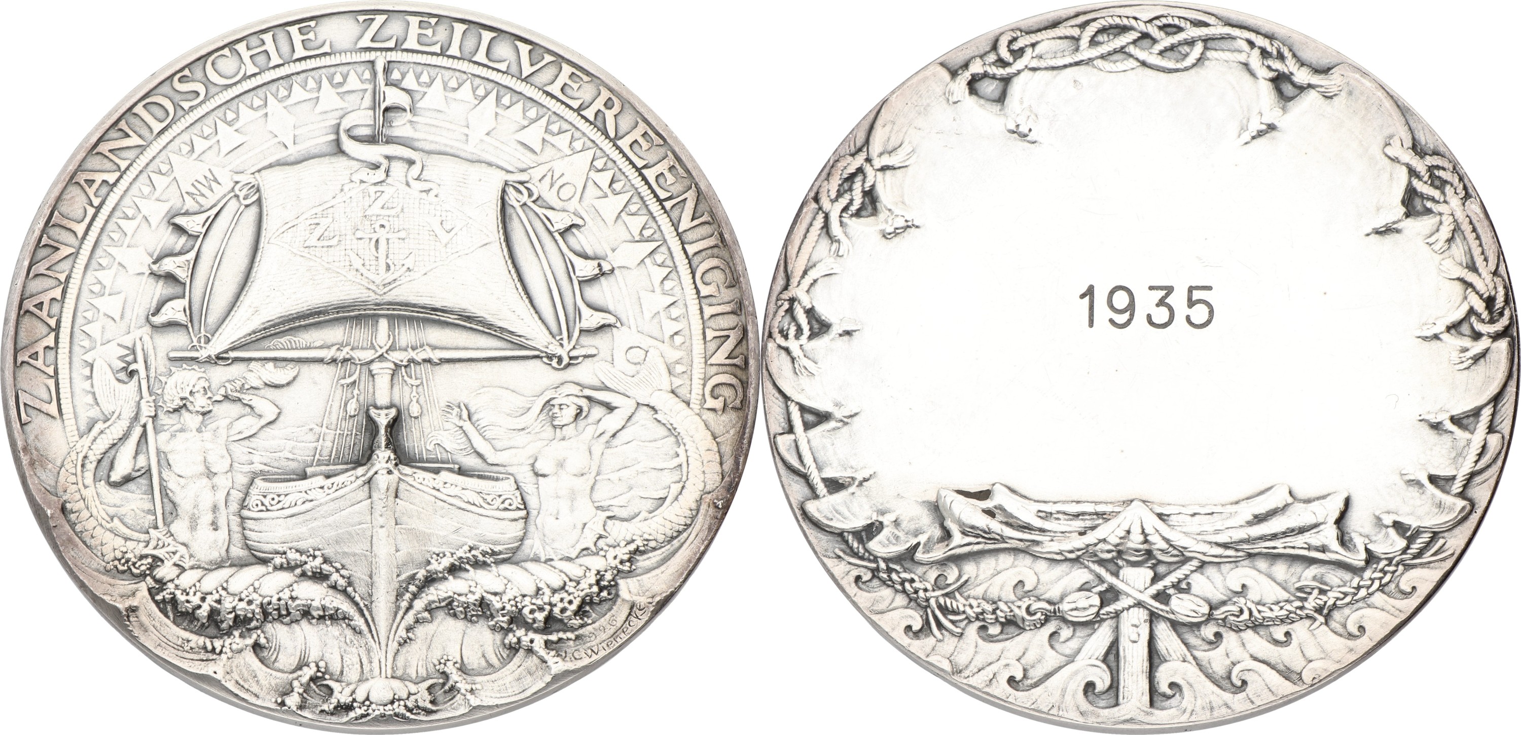 Nederland. ND (1926)/1935. Zilveren prijspenning van de Zaanlandsche zeilvereniging. XF -