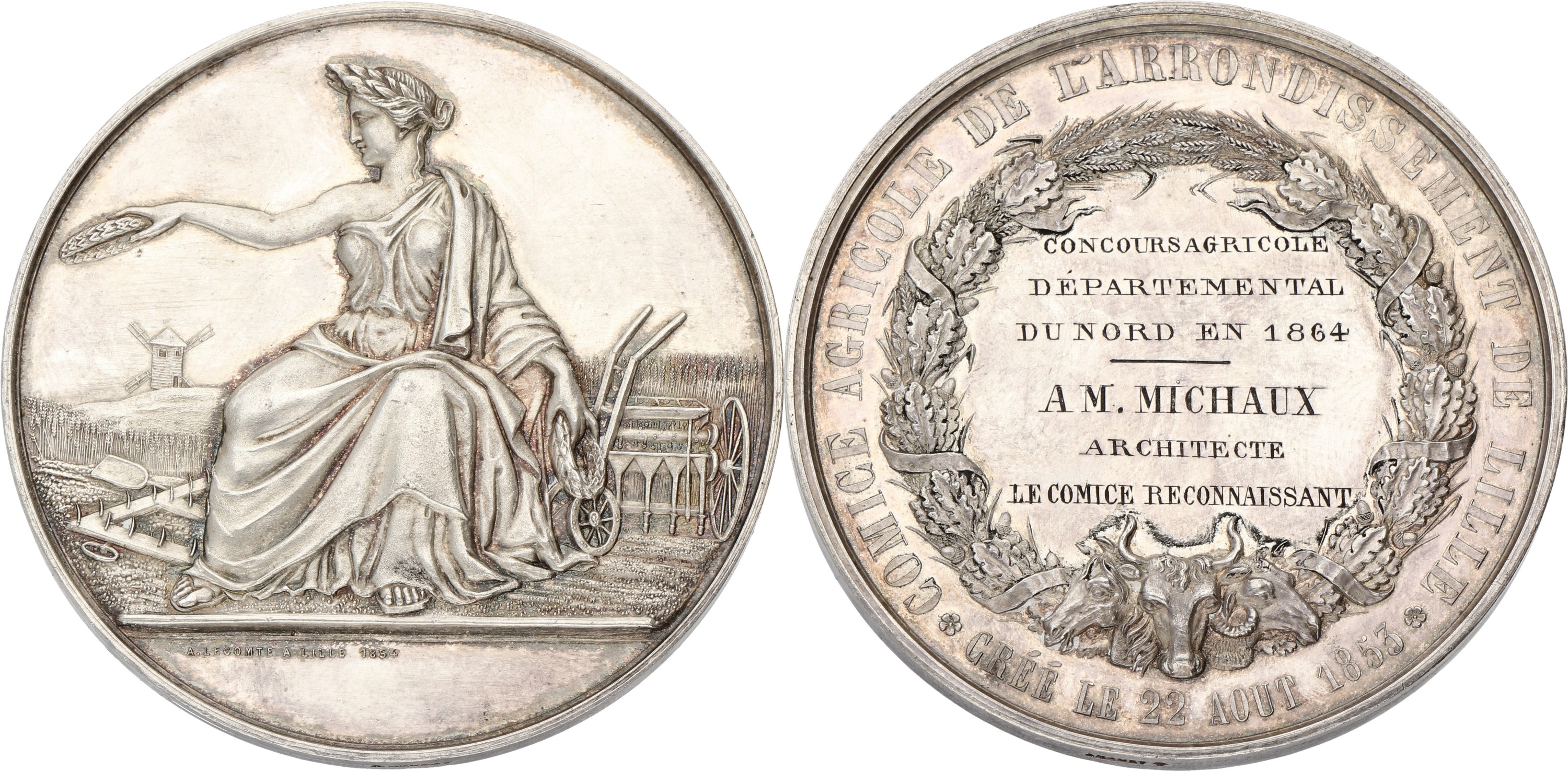 France. Lille. 1853/1864. Agricultural price medal for the district of Lille - Given to A. M. Michaux. XF +