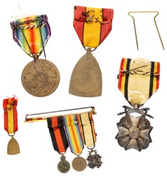 Belgium. 1914 - 1918. Lot (5) Civic medal for war merit, first class, WWI Victory Interallied Medal & Commemorative medal of WWI with crown - With miniatures on pin