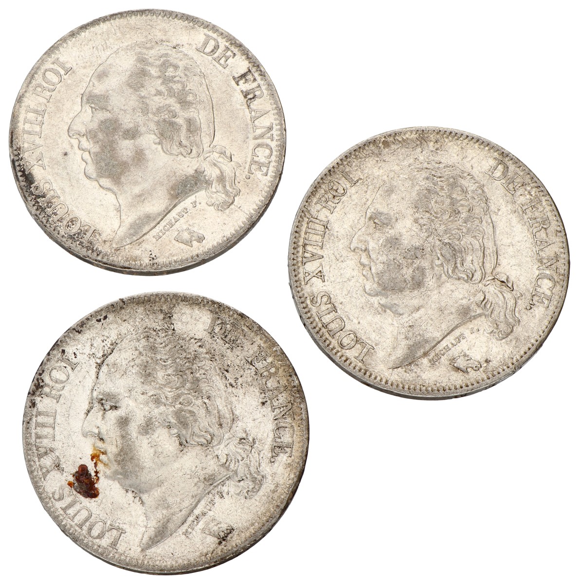 France. Louis XVIII. Lot (3) 5 Francs. Average VF
