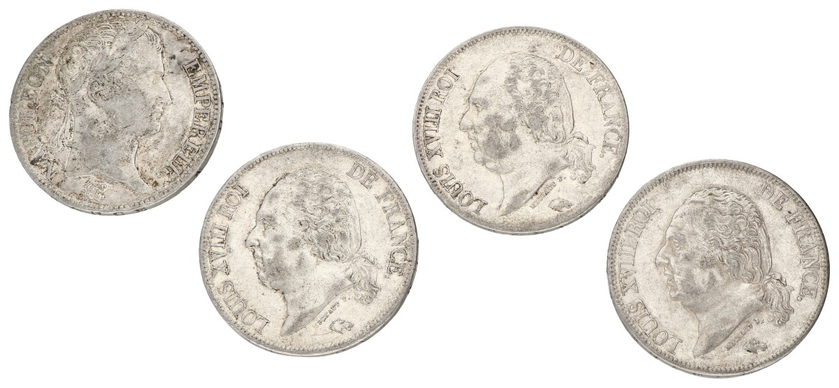 Goudwisselkantoor auction: France. Napoleon & Louis XVIII. Lot (4) 5 Francs. Average VF