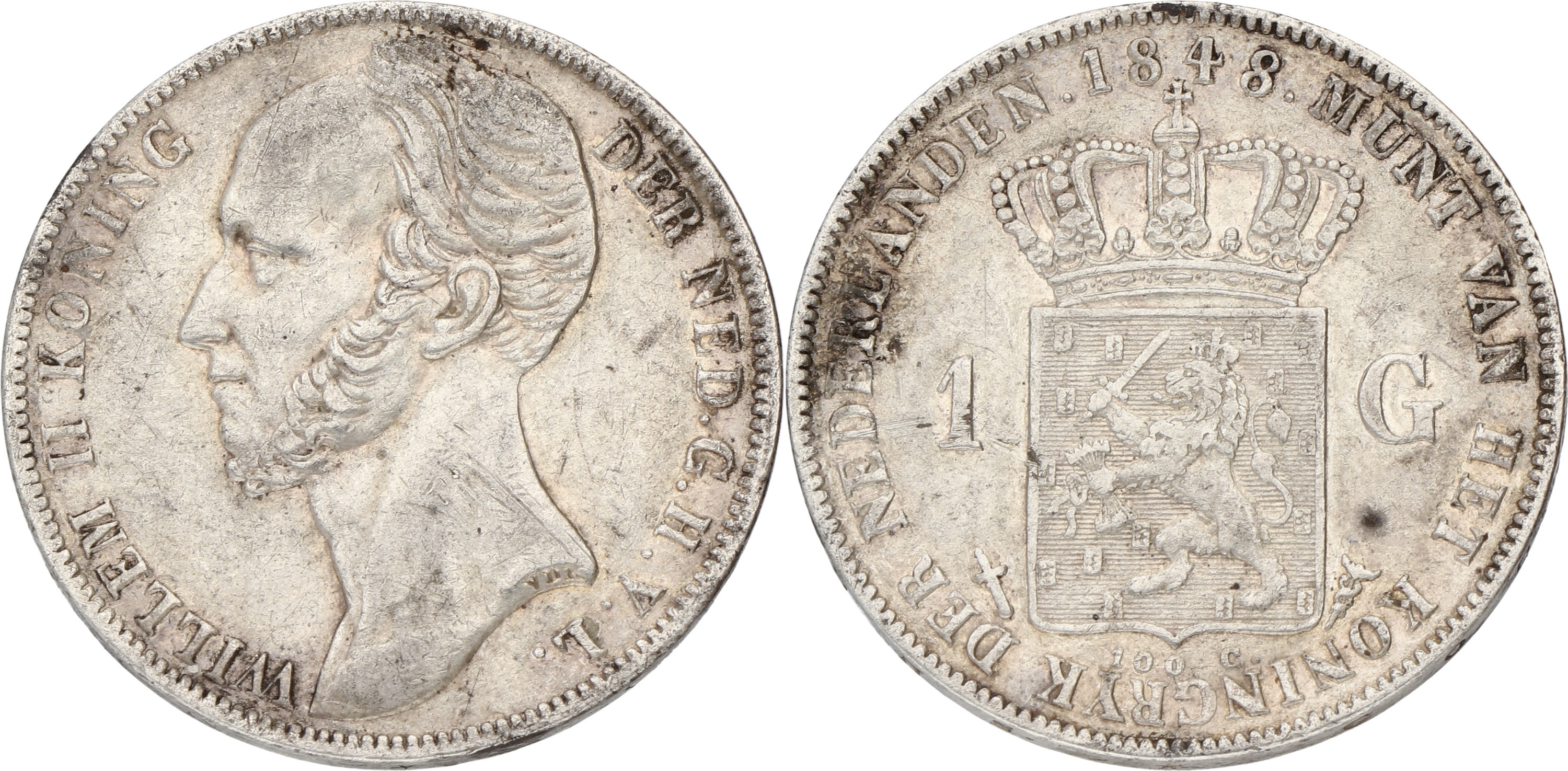 Goudwisselkantoor auction: 1 Gulden. Willem II. 1848. XF -