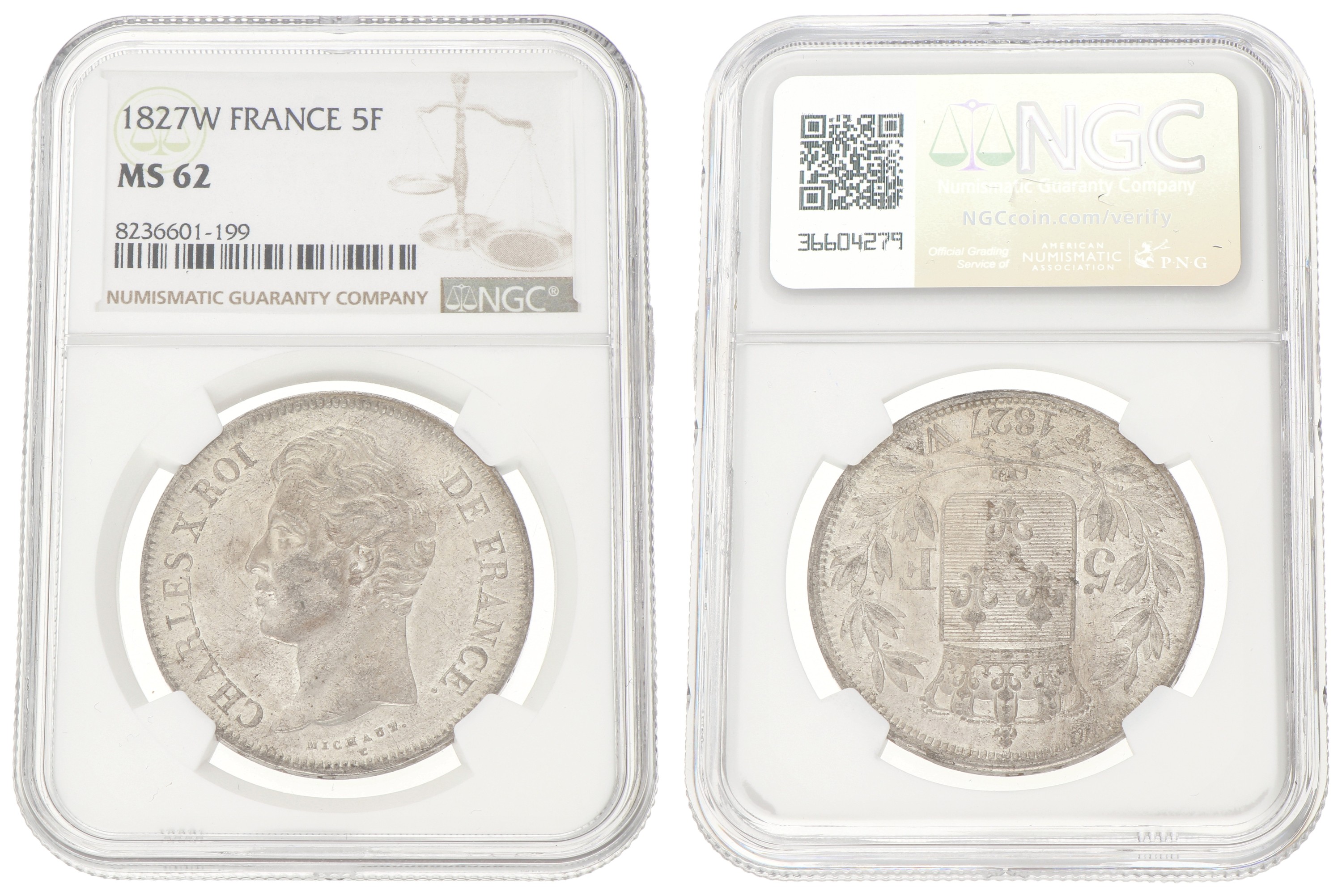 5 Francs. Second kingdom. Charles X. 1827 W. MS 62