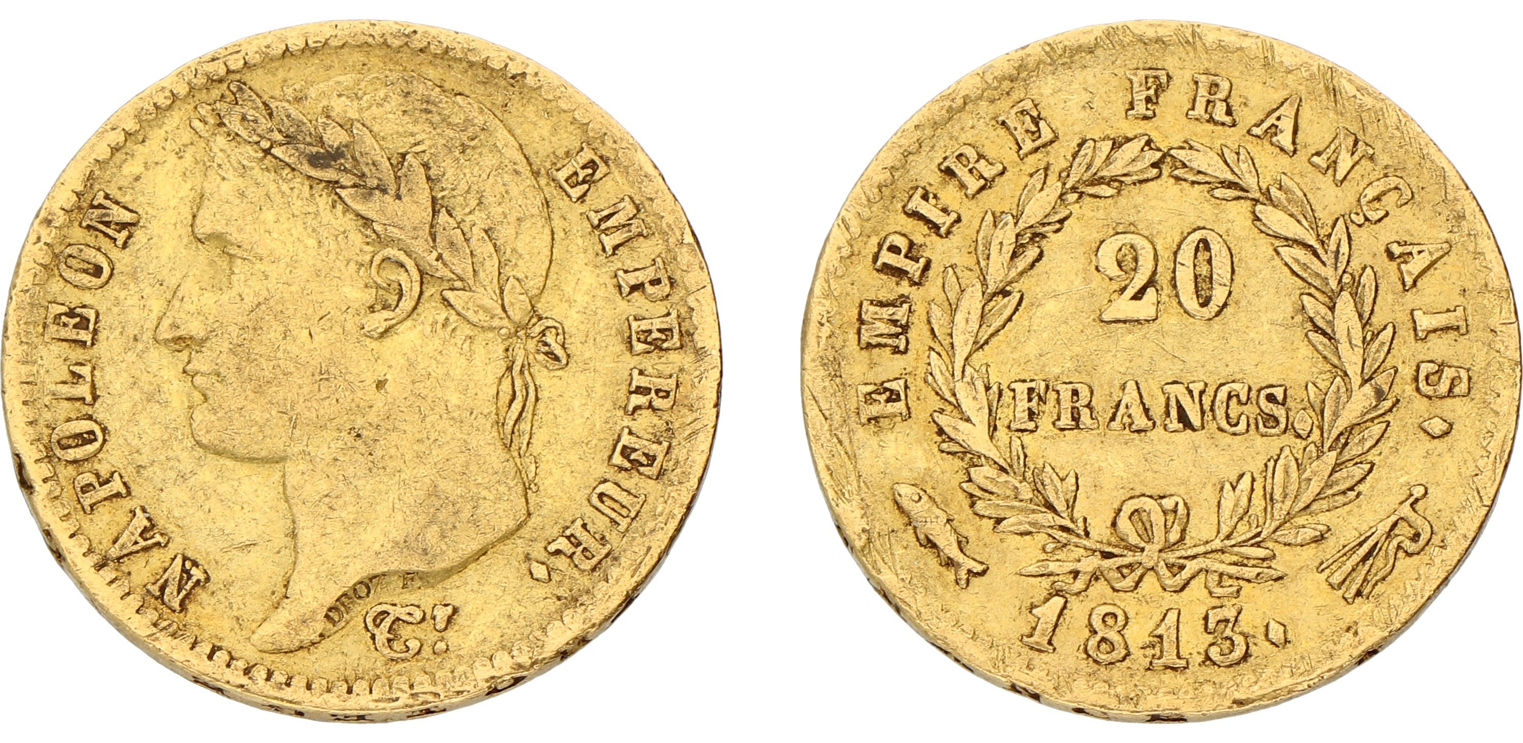 20 Francs. Napoleon. 1813 Fish. VF +