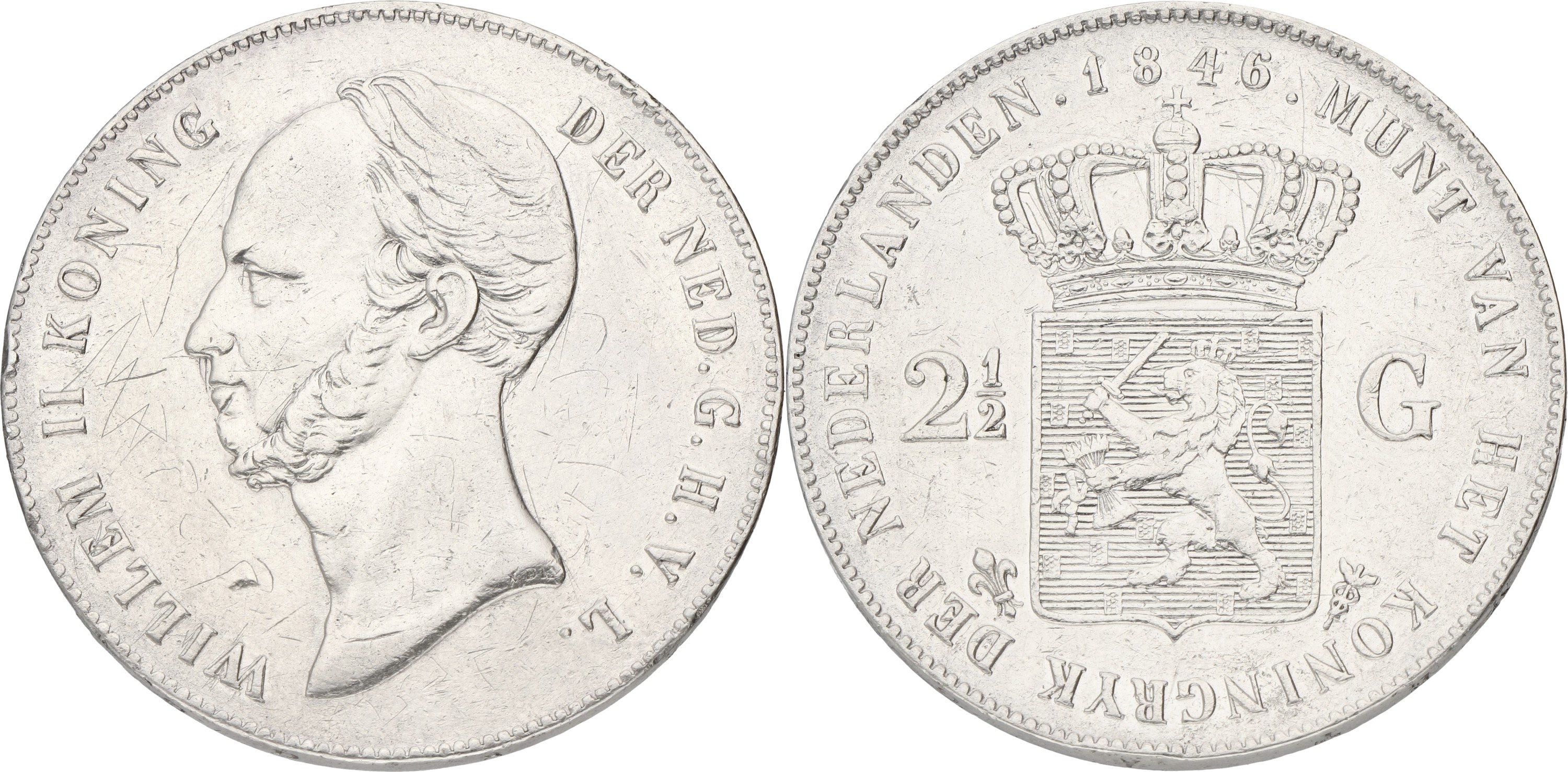 Goudwisselkantoor auction: 2½ Gulden. Willem II. 1849 - lily. VF / XF.