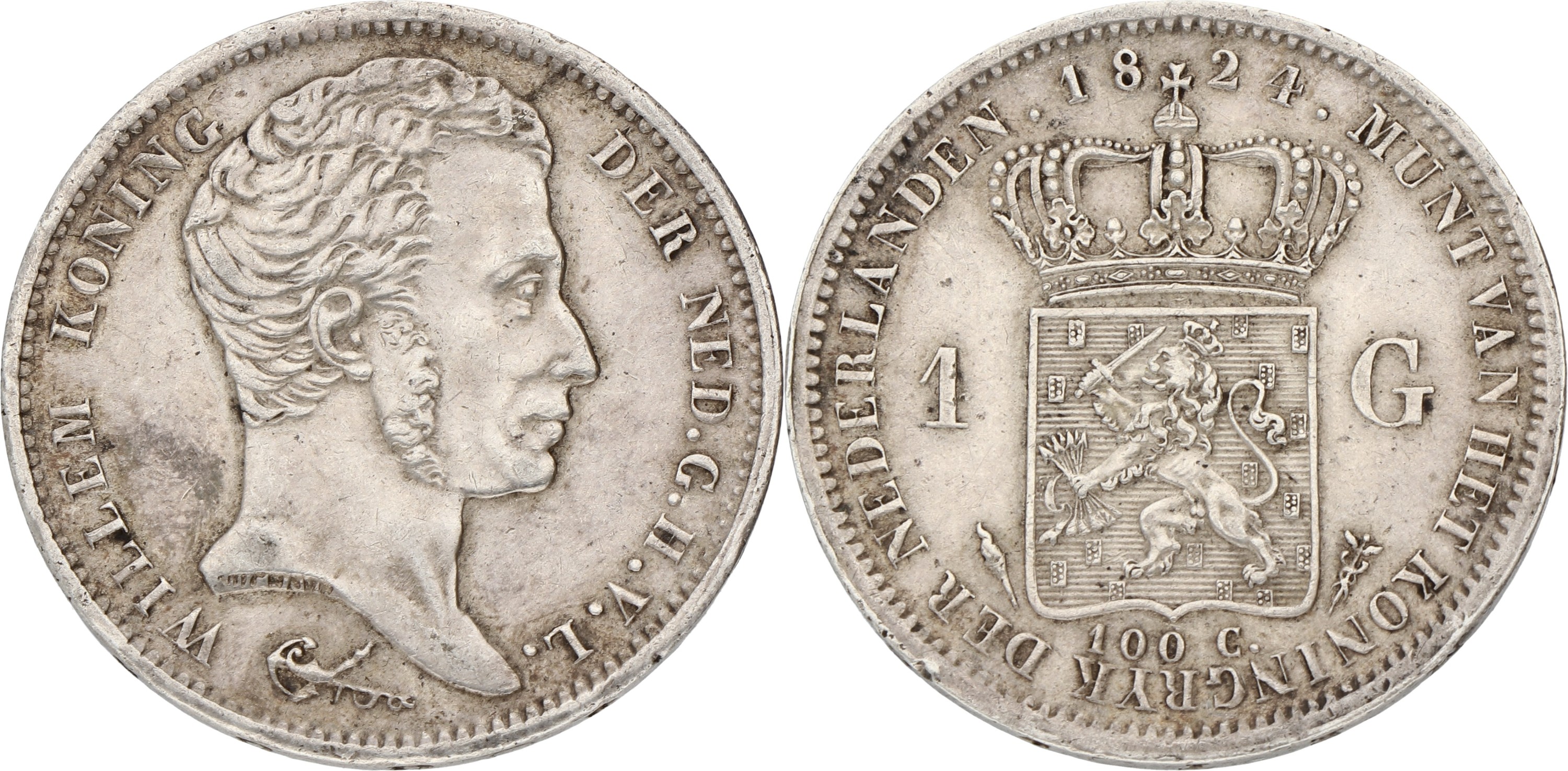 1 Gulden. Willem I. 1824. With stripe between crown and shield. VF / XF.