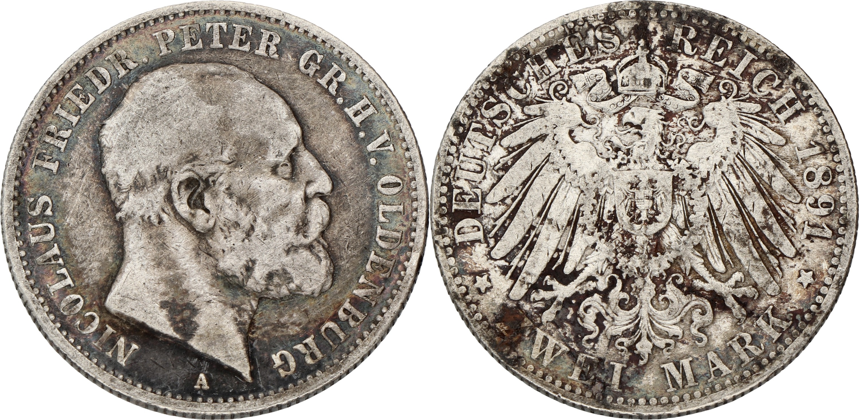 German states. Oldenburg. Nicolaus Friedrich Peter. 2 Mark. 1891 A. F +