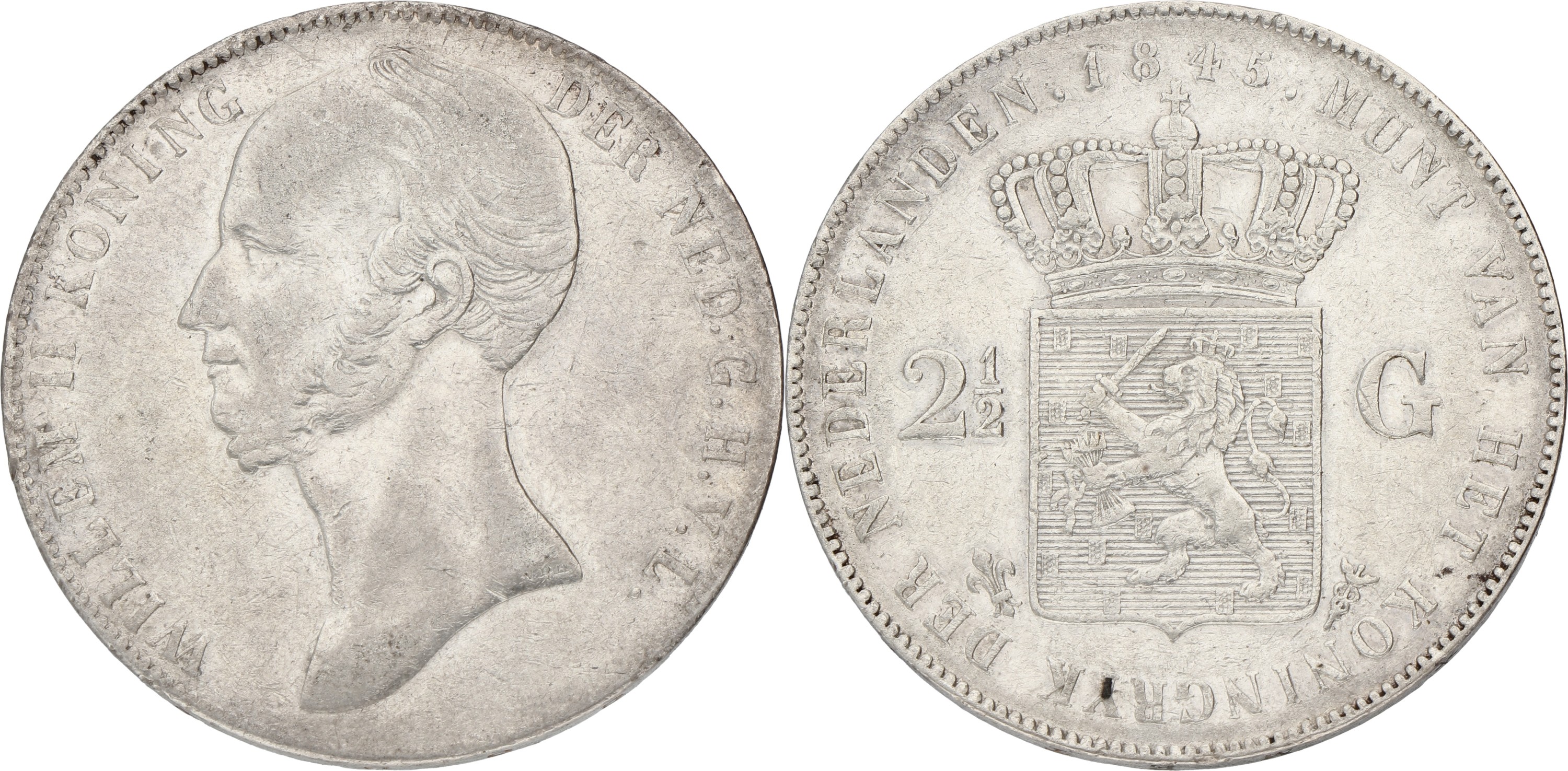 2½ Gulden. Willem II. 1845. With stripe between crown and shield. VF -.