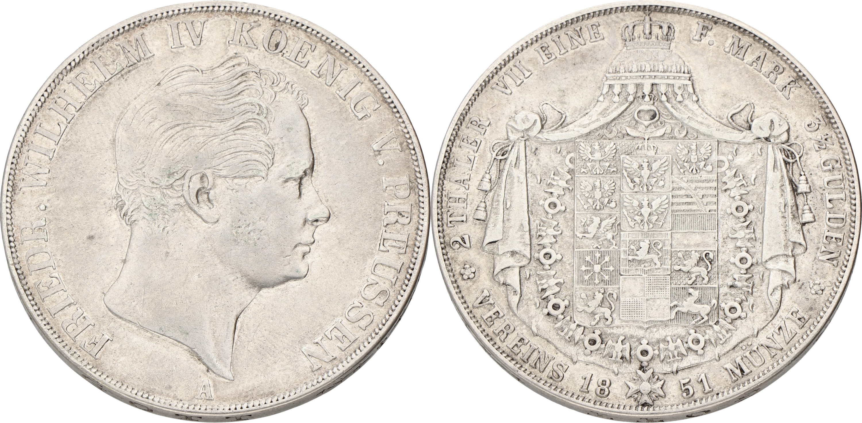 Goudwisselkantoor auction: German states. Prussia. Friedrich Wilhelm IV. 2 Thaler. 1851. VF +