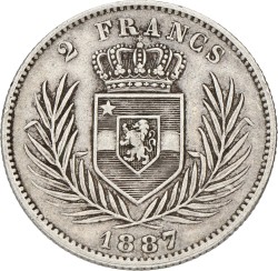 Congo. Free state. Belgian Royal domain. Leopold II. 2 Francs. 1887. VF