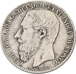 Congo. Free state. Belgian Royal domain. Leopold II. 2 Francs. 1887. VF