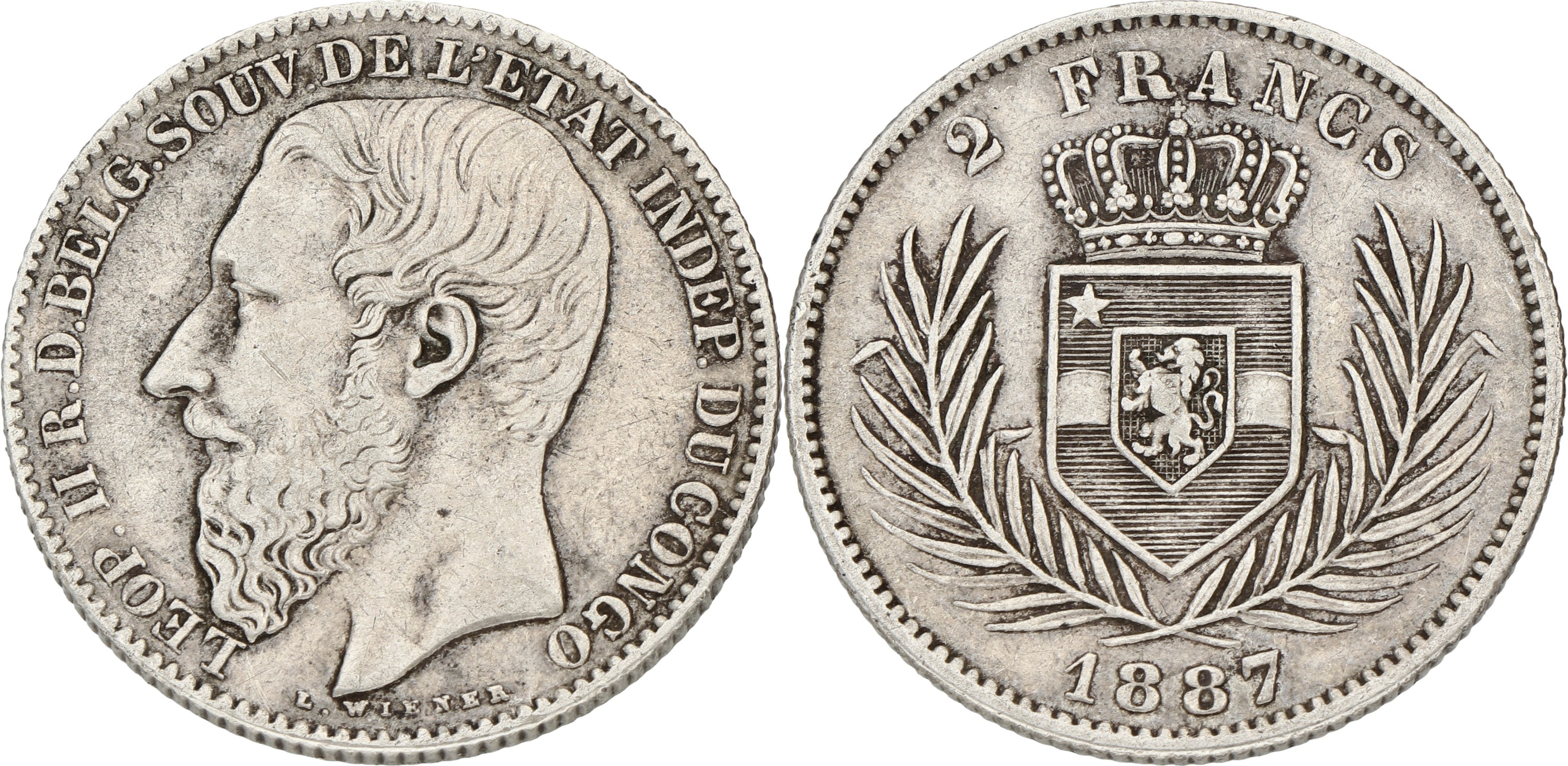 Congo. Free state. Belgian Royal domain. Leopold II. 2 Francs. 1887. VF