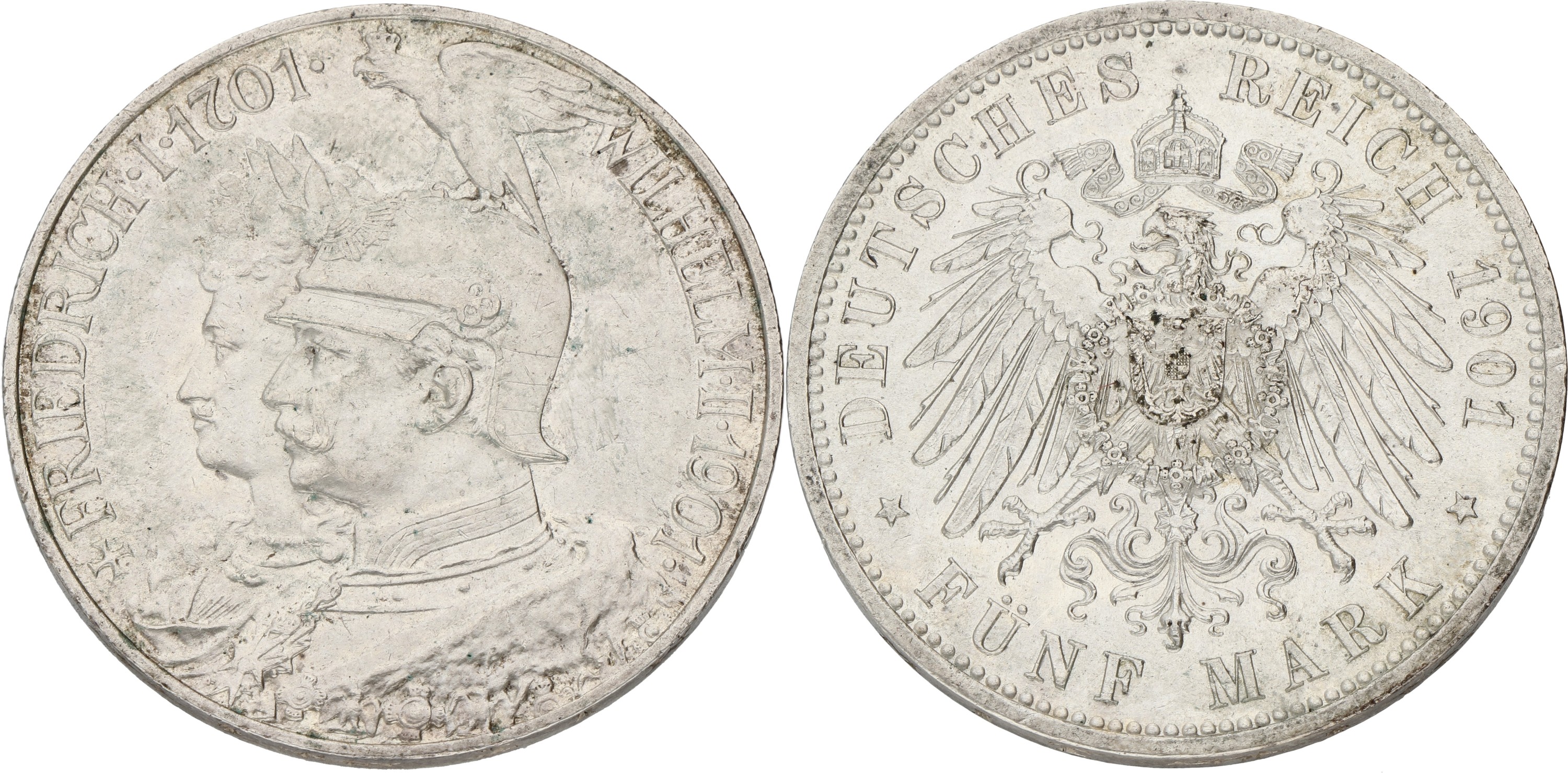German states. Prussia. Wilhelm II. 5 Mark - 200th anniversary of the kingdom. 1901. AUnc
