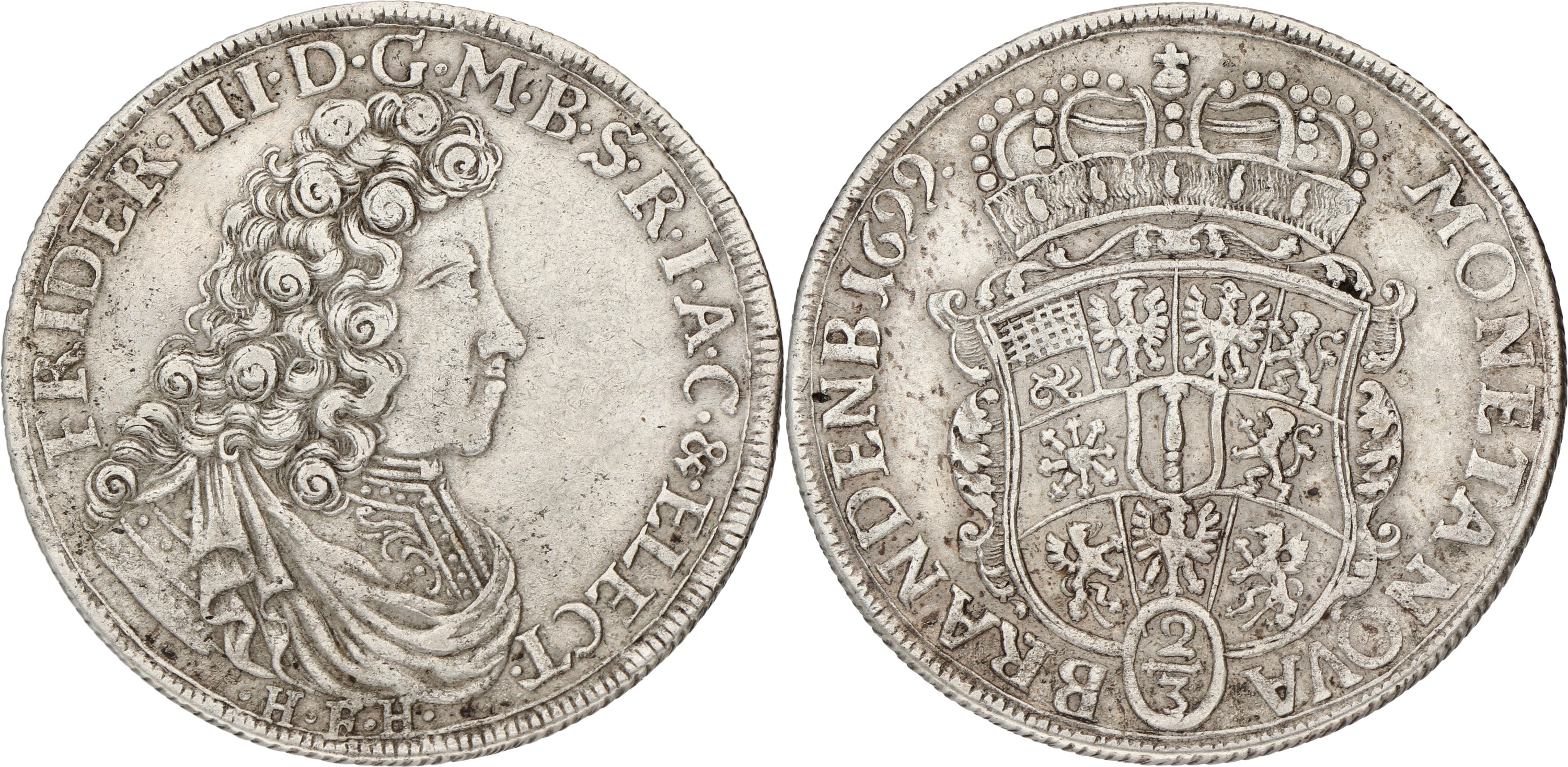 Goudwisselkantoor auction: German states. Brandenburg-Prussia. Friedrich III. 2/3 Thaler. 1699 HFH. VF +