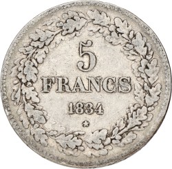 Belgium. Leopold I. 5 Francs. 1834. Position A. VF