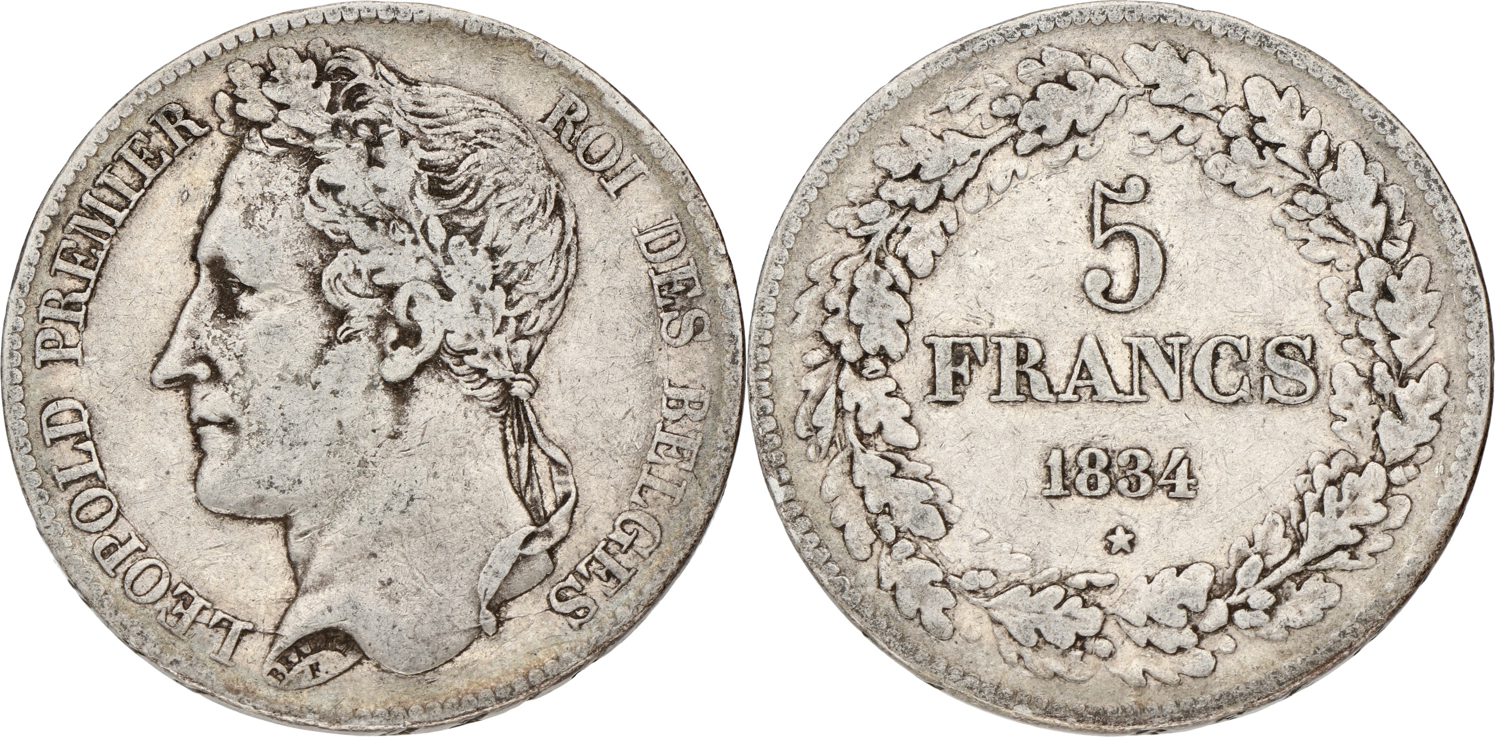 Goudwisselkantoor auction: Belgium. Leopold I. 5 Francs. 1834. Position A. VF