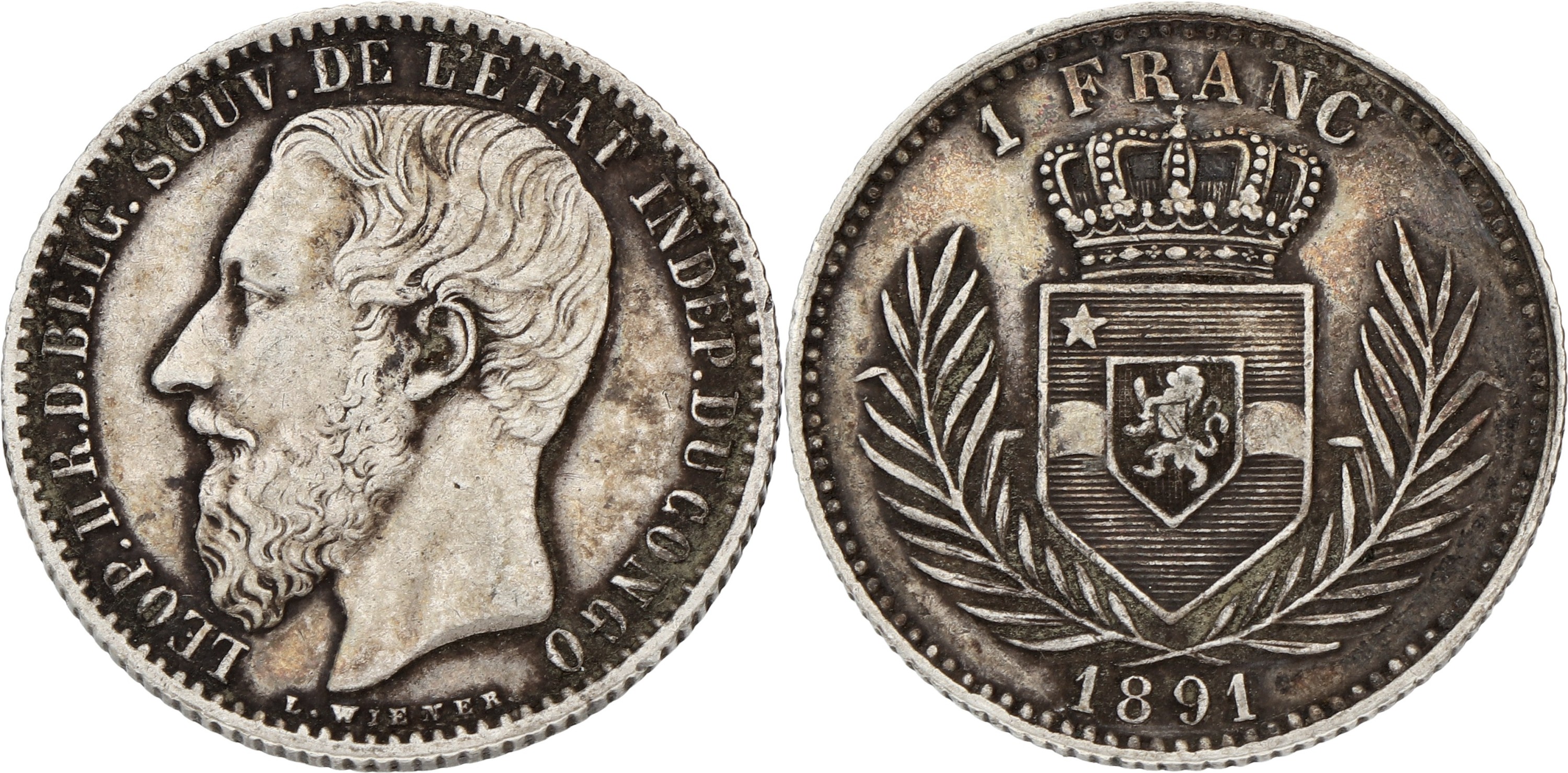 Congo. Free state. Belgian Royal domain. Leopold II. 1 Franc. 1891. VF