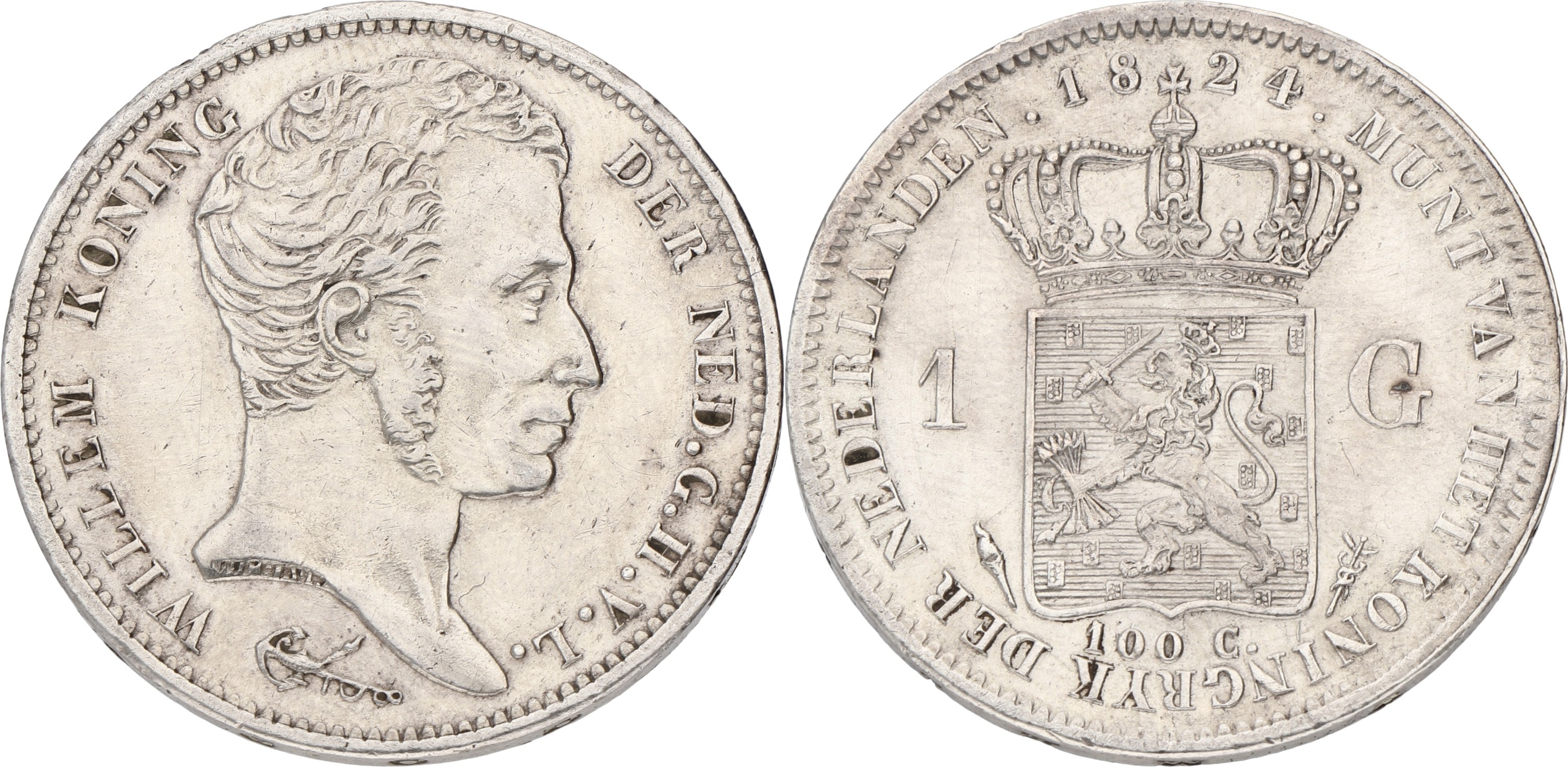 Goudwisselkantoor auction: 1 Gulden. Willem I. 1824. Without stripe between crown and shield. XF +