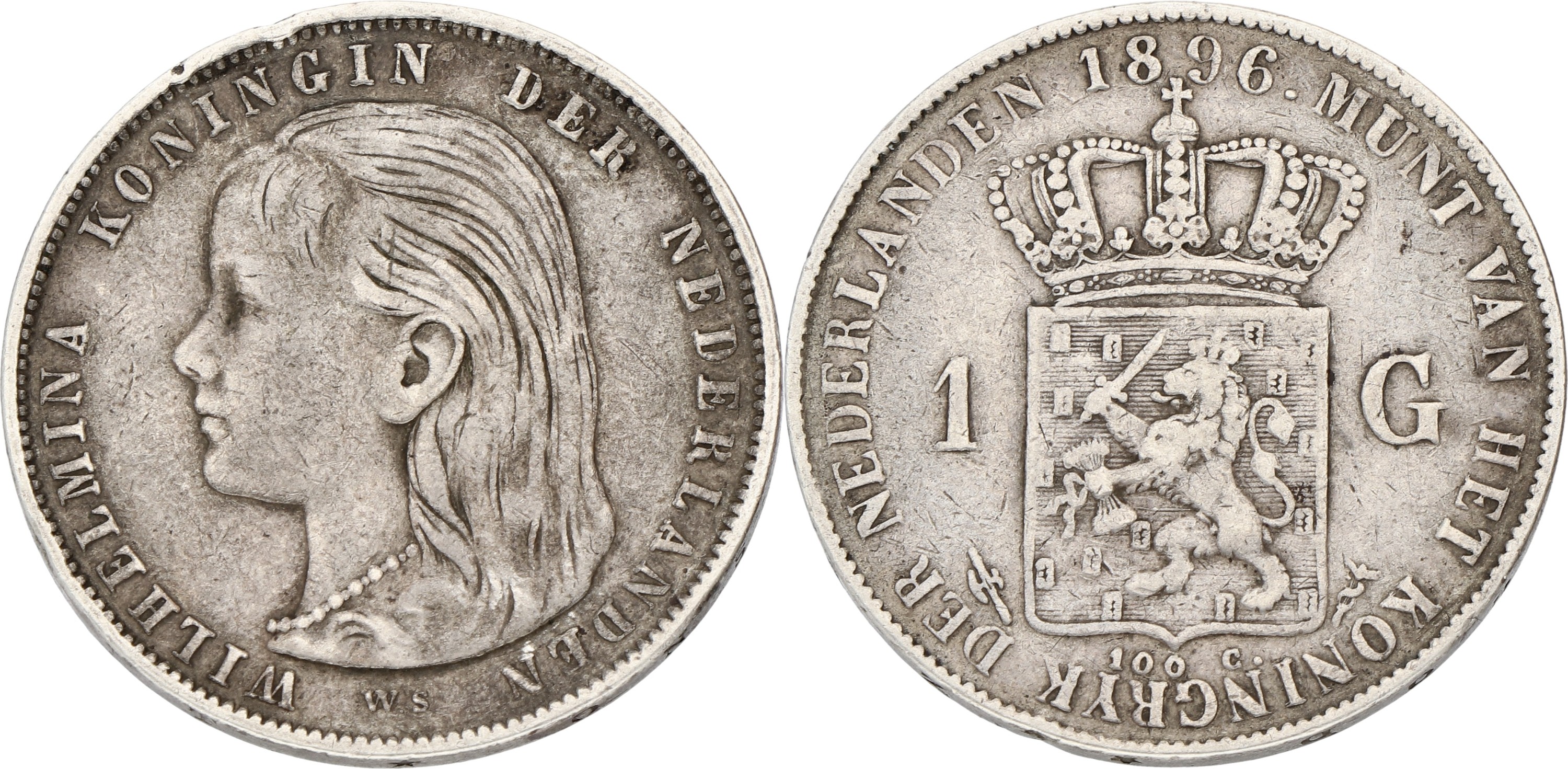 1 Gulden. Wilhelmina. 1896. VF +.
