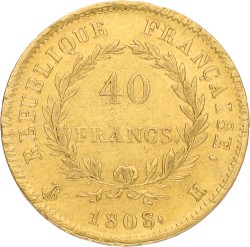 France. Empire. Napoleon. 40 Francs. 1808 H. VF +
