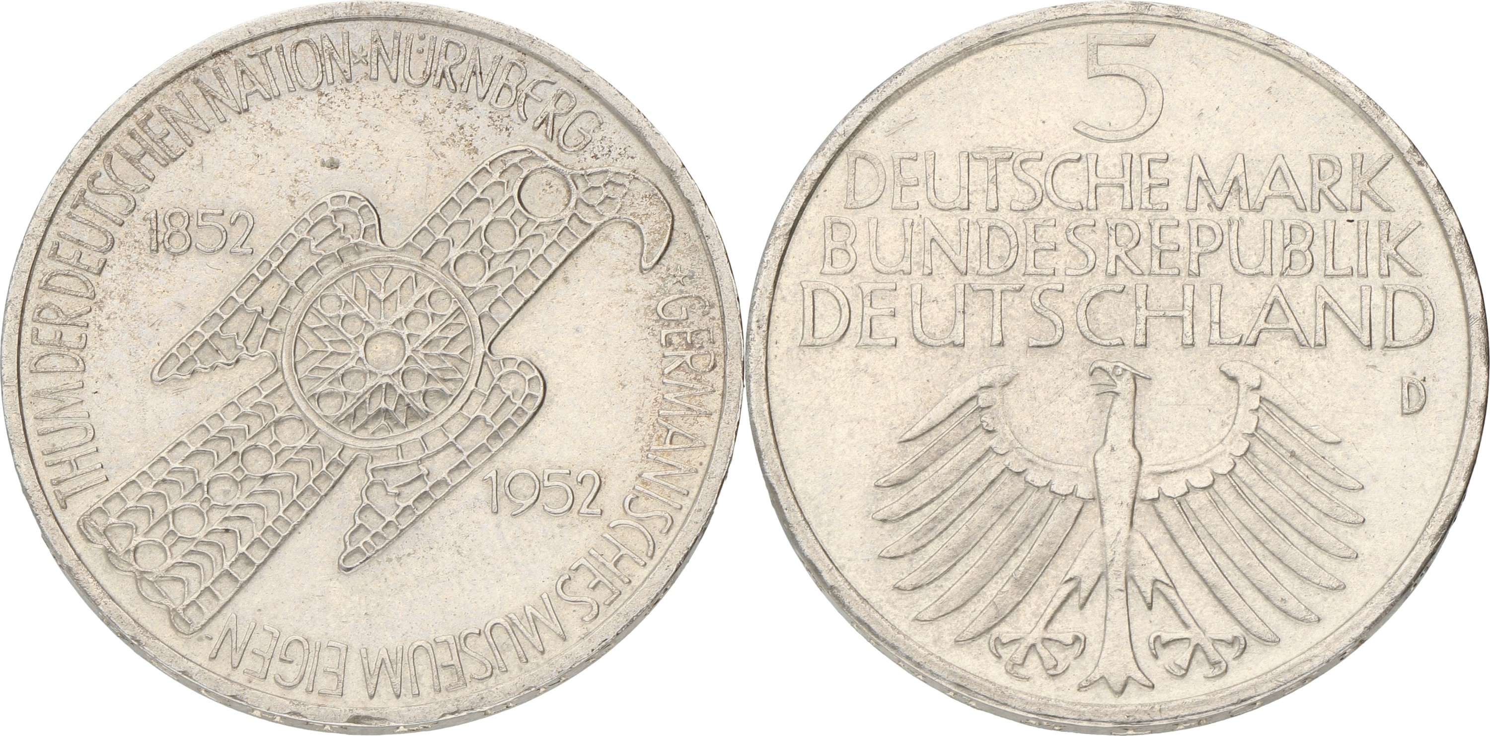Germany. BRD. 5 Mark - Germanic museum. 1952 D. XF