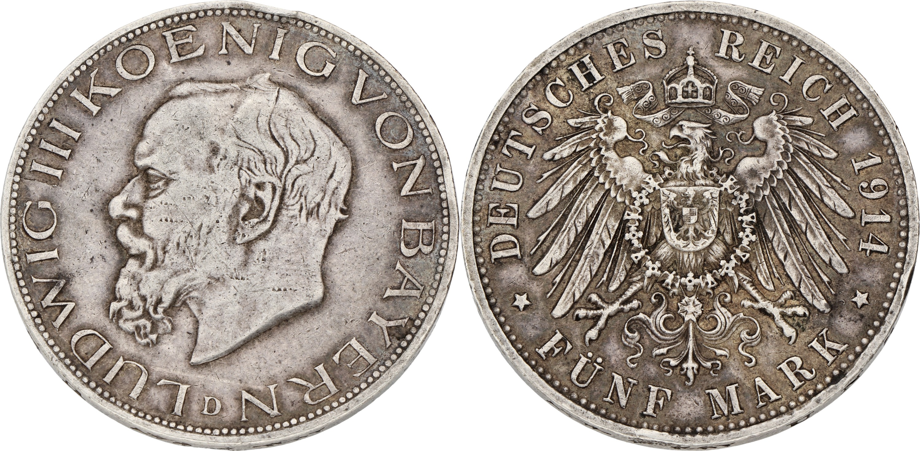 German states. Bavaria. Lüdwig II. 5 Mark. 1914 D. VF