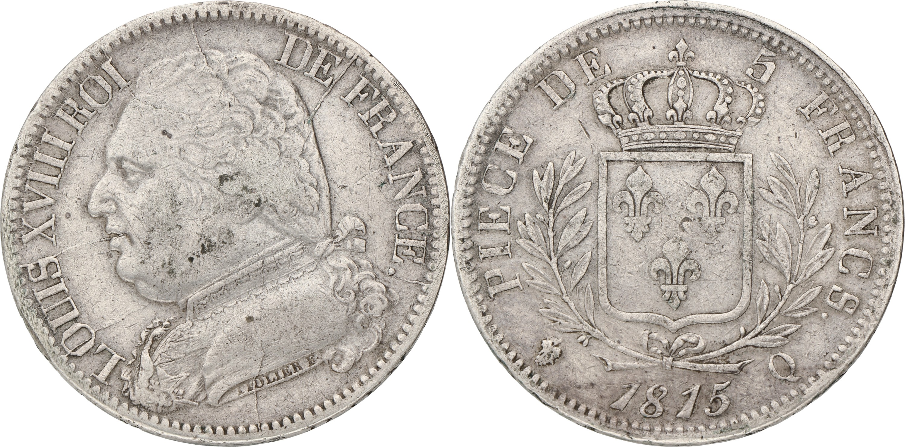 France. Second kingdom. Louis XVIII. 5 Francs. 1815 Q. XF