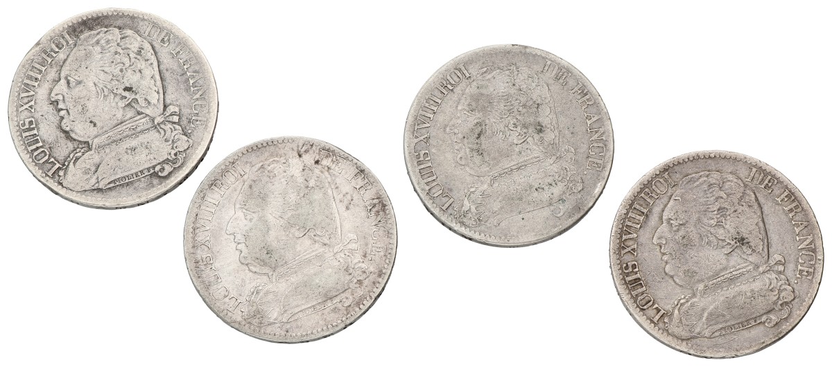 France. Second kingdom. Louis XVIII. Lot (4) 5 Francs. 1815 A, I, L & M. Average VF