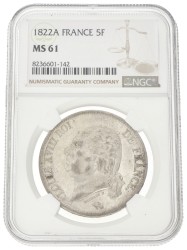 France. Second kingdom. Louis XVIII. 5 Francs. 1822 A. MS 61