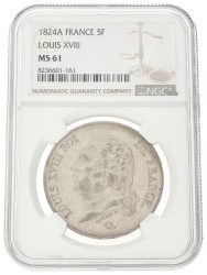 France. Second kingdom. Louis XVIII. 5 Francs. 1824 A. MS 61